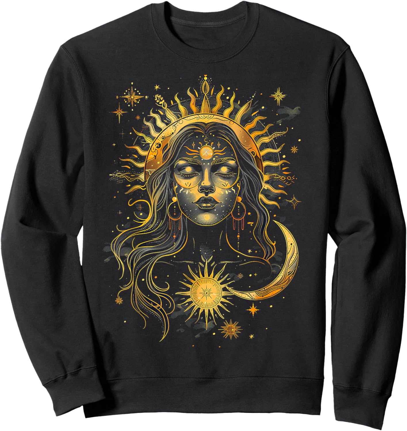 Mystic Sun and Moon Woman Mystical Flowers Aesthetic Sweatshirt - Sweatshirt | Black
