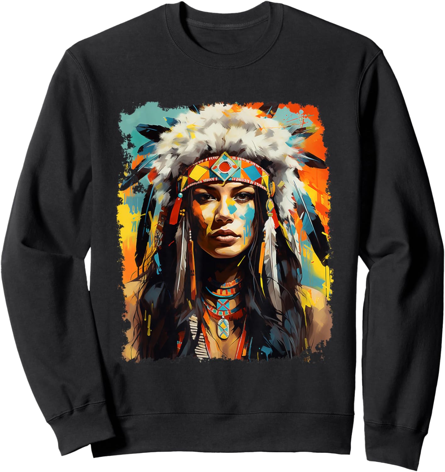 Indigenous Wolfwear Beautiful Native American - Black, -Adults, Short Sleeve, Small, Regular Fit, Modern Tribal Fusion Sweatshirt - Sweatshirt | Black