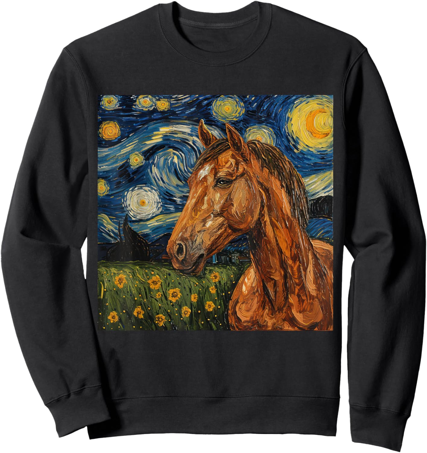 Horse Lover Van Gogh Style Starry Night Graphic Sweatshirt - Sweatshirt | Black