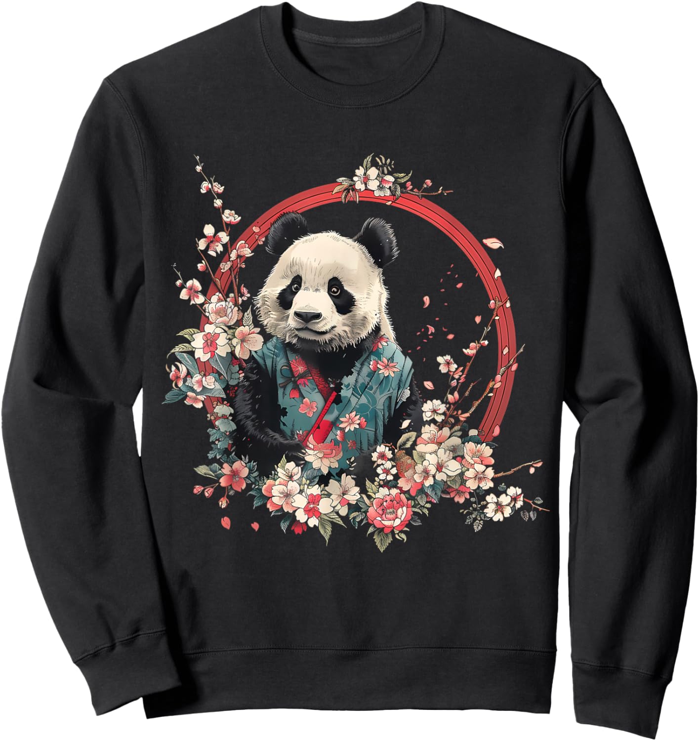 Japanese Samurai Warrior Animals Samurai Panda Bear Floral - Black, Small, -Adults, Women, Short Sleeve, , Novelty , Animals, Vacation, Spring, Summer Sweatshirt - Sweatshirt | Black