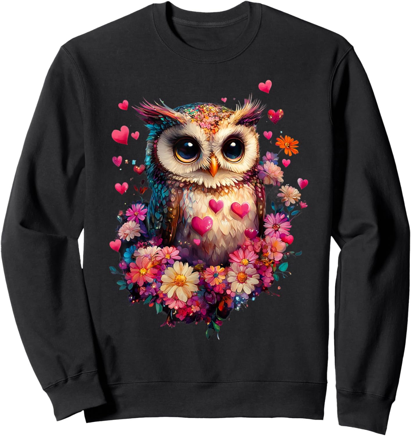 Owl Hearts and Flowers Graphic Valentines Day Sweatshirt - Sweatshirt | Black