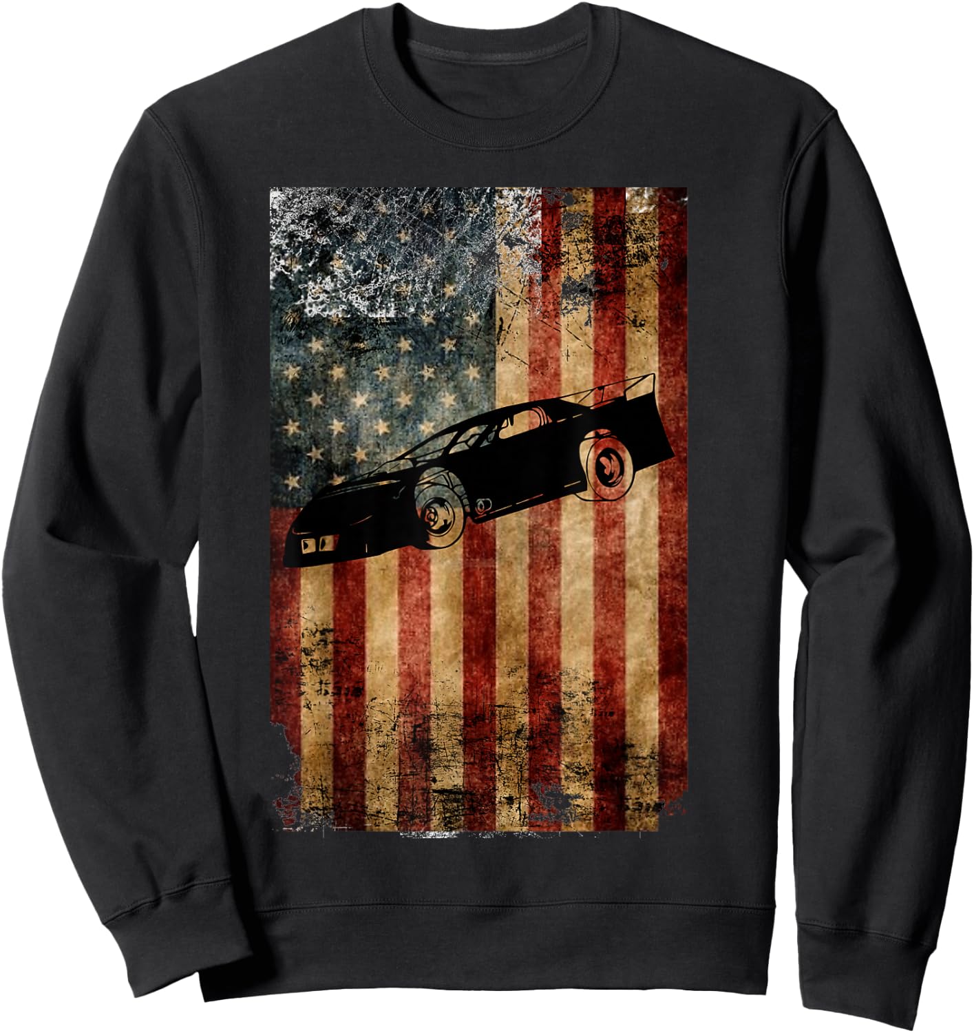 Late Model Dirt Track Racing Gifts Distressed American Flag Sweatshirt - Sweatshirt | Black