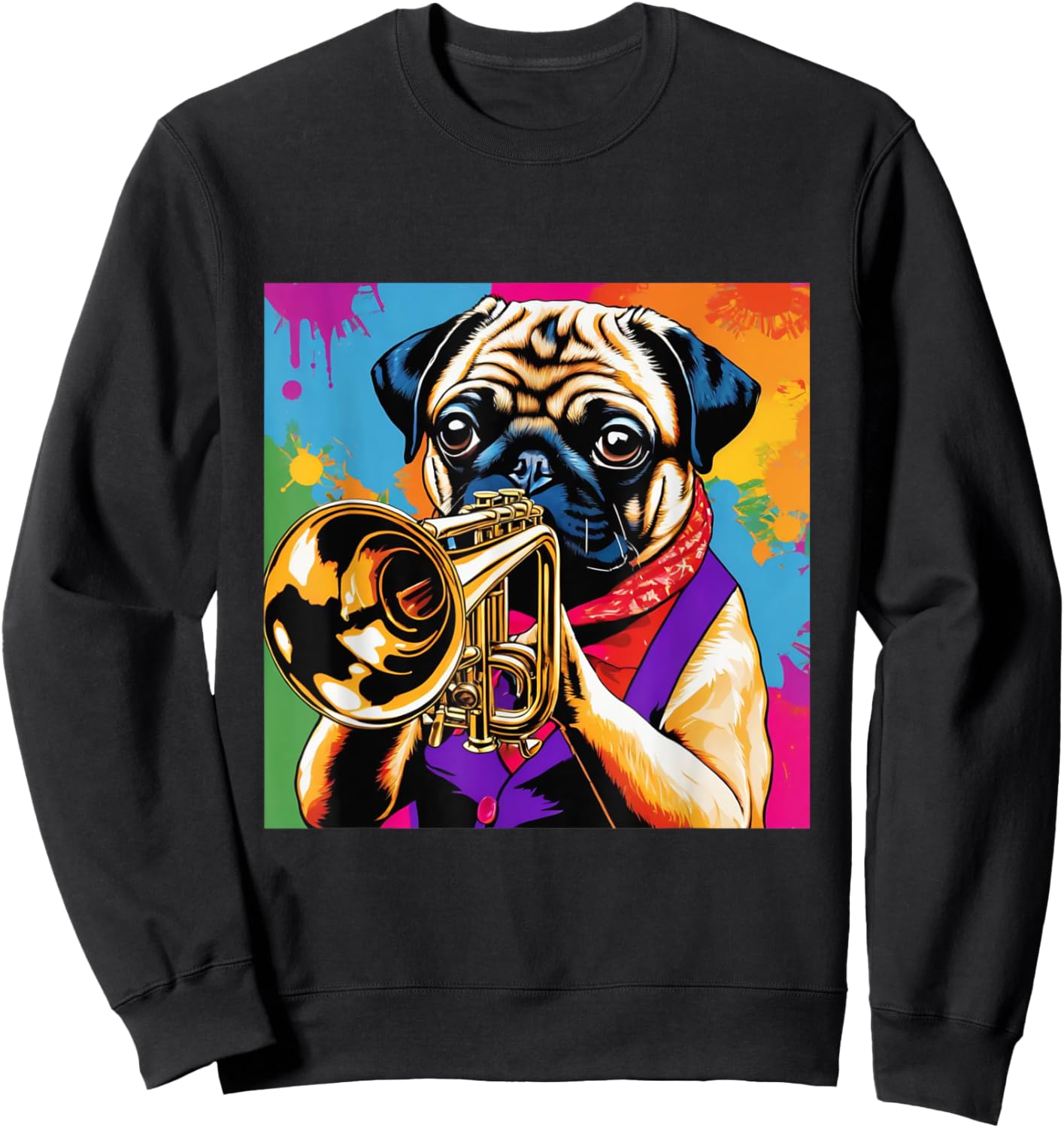 Fun Pug Playing Trumpet | Vintage Pop Art Jazz Player Dog Men Women Girls Kids Sweatshirt - Sweatshirt | Black