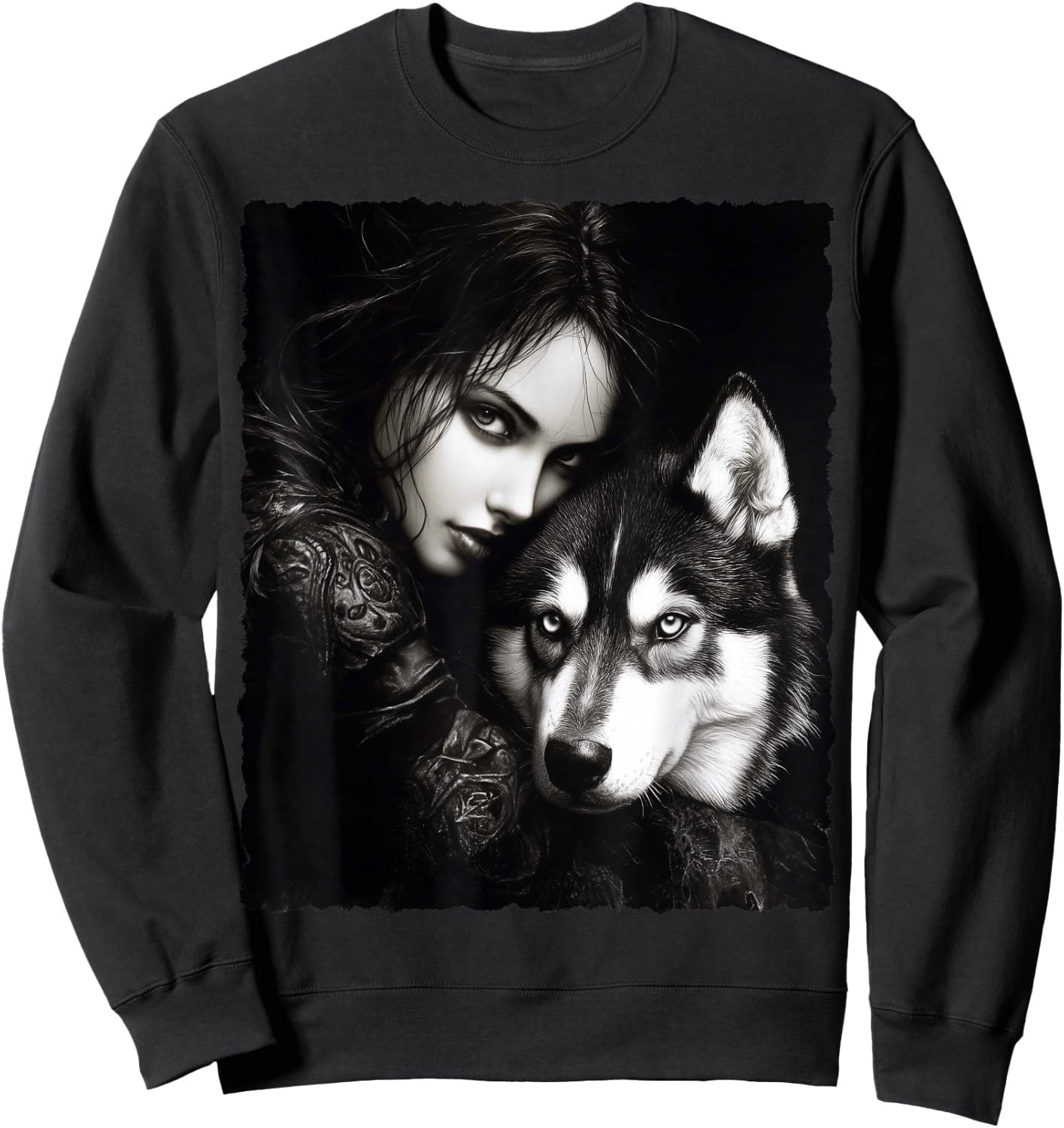 Woman and Wolf Husky Fantasy Art Painting Sweatshirt - Sweatshirt | Black