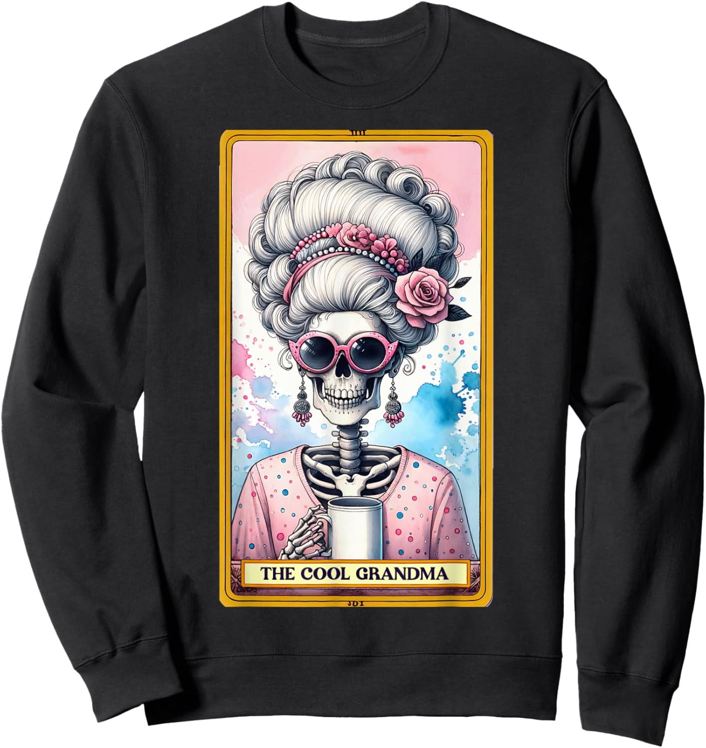 Cool Grandma Tarot Card Skeleton Skelly Messy Bun Coffee Sweatshirt - Sweatshirt | Black