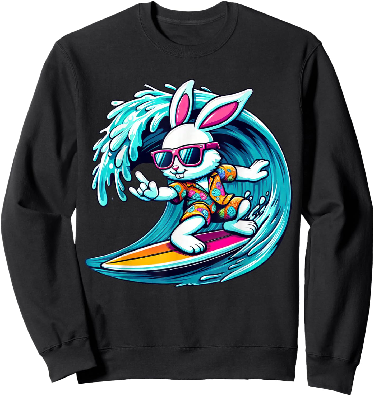 Funny Waves Surfing Player Bunny Kids Men Easter Sweatshirt - Sweatshirt | Black