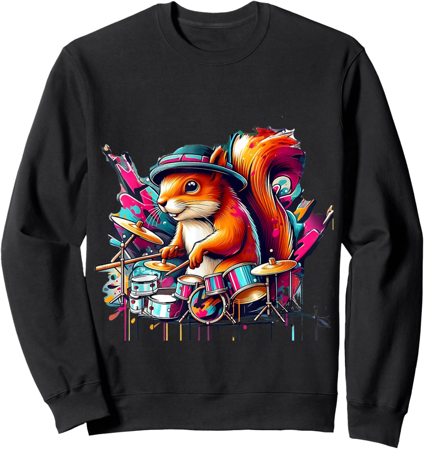 Drumming Funny Drummer Squirrel Playing Drums Squirrel Lover Sweatshirt - Sweatshirt | Black