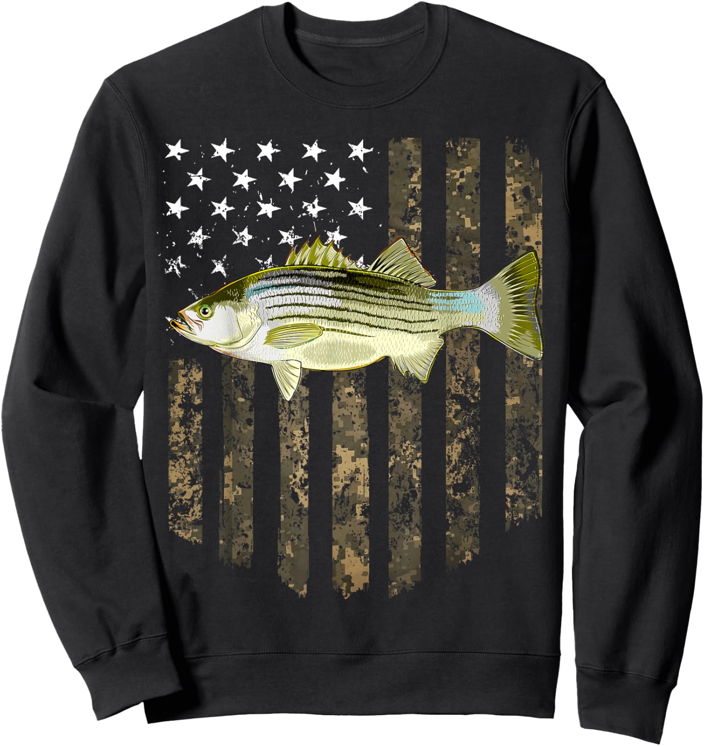 Camo American Flag Striped Bass Fishing 4th Of July Sweatshirt - Sweatshirt | Black