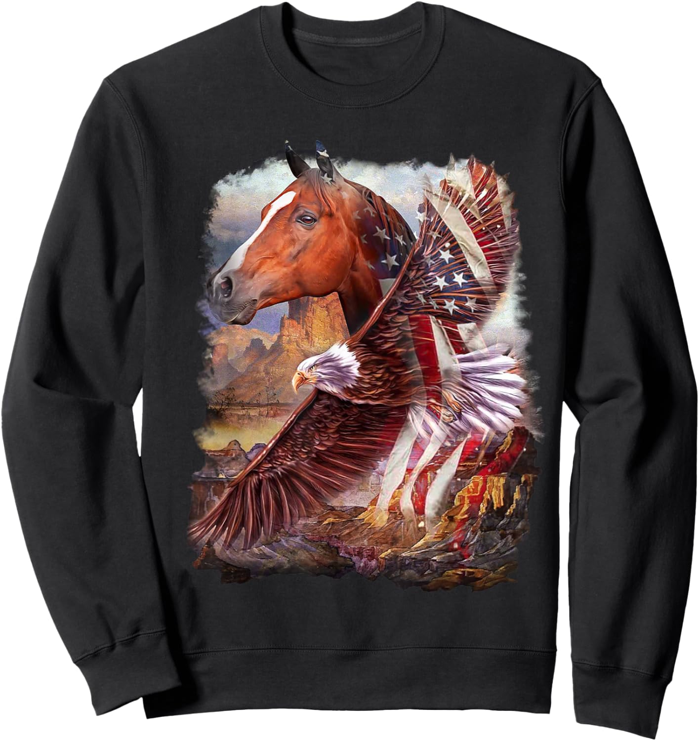 Horse American Flag and Bald eagle Sweatshirt - Sweatshirt | Black