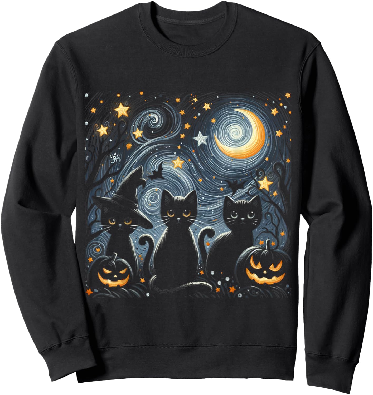 Van Gogh Halloween Starry Night with Black Cat and Pumpkins Sweatshirt - Sweatshirt | Black