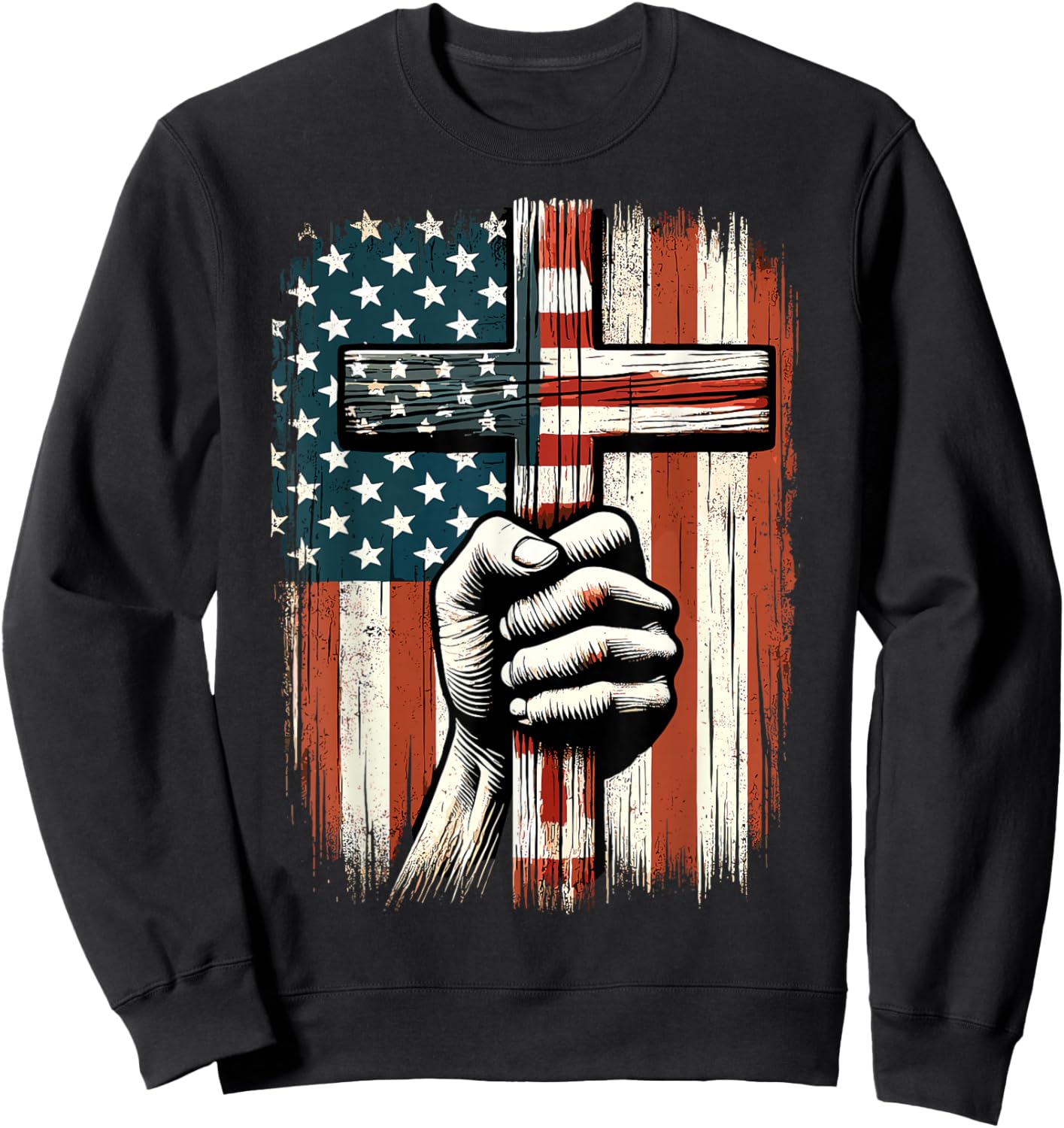 American USA Flag Christian Cross Jesus 4th of July Sweatshirt - Sweatshirt | Black
