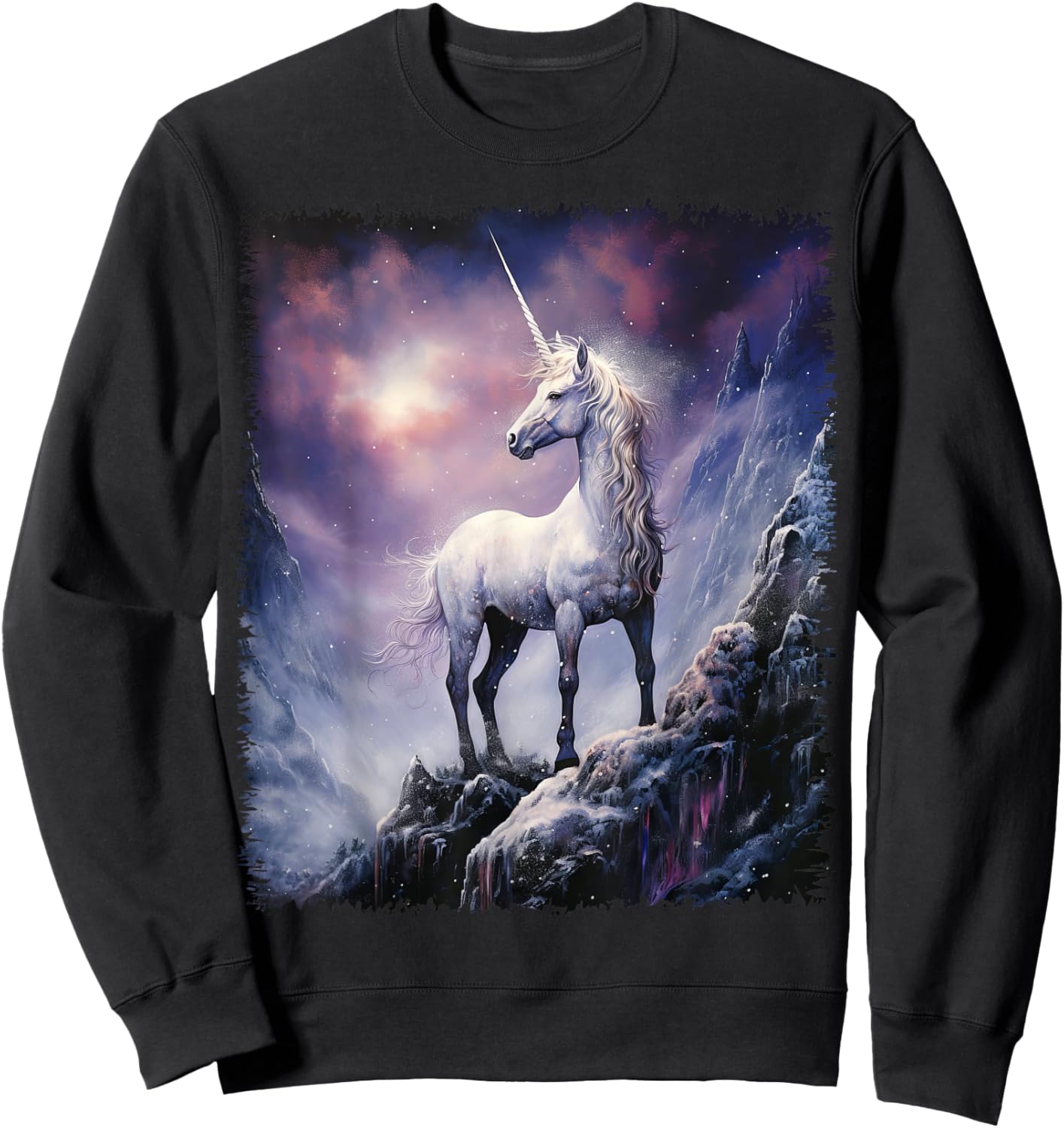 Fantasy white Unicorn standing on the snowy hill Sweatshirt - Sweatshirt | Black