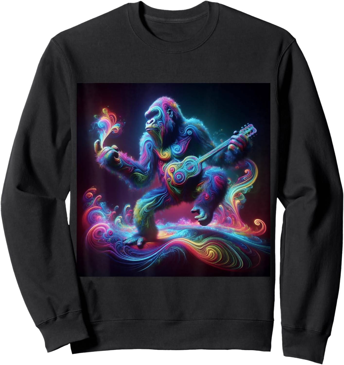 Psychedelic Gorilla Guitar Shaman Trippy Rainbow EDM Vibes Sweatshirt - Sweatshirt | Black