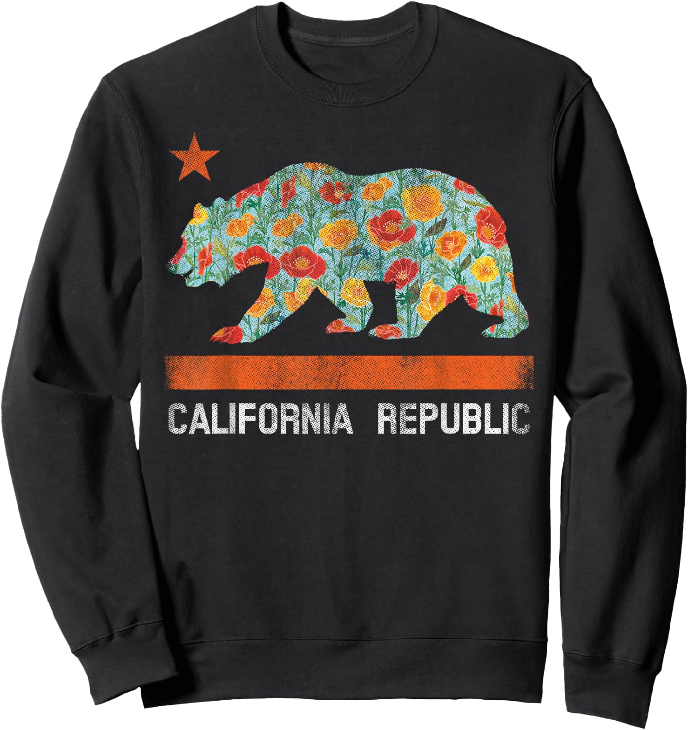 California Republic State Bear Star Poppy Flower LA Cali Sweatshirt - Sweatshirt | Black