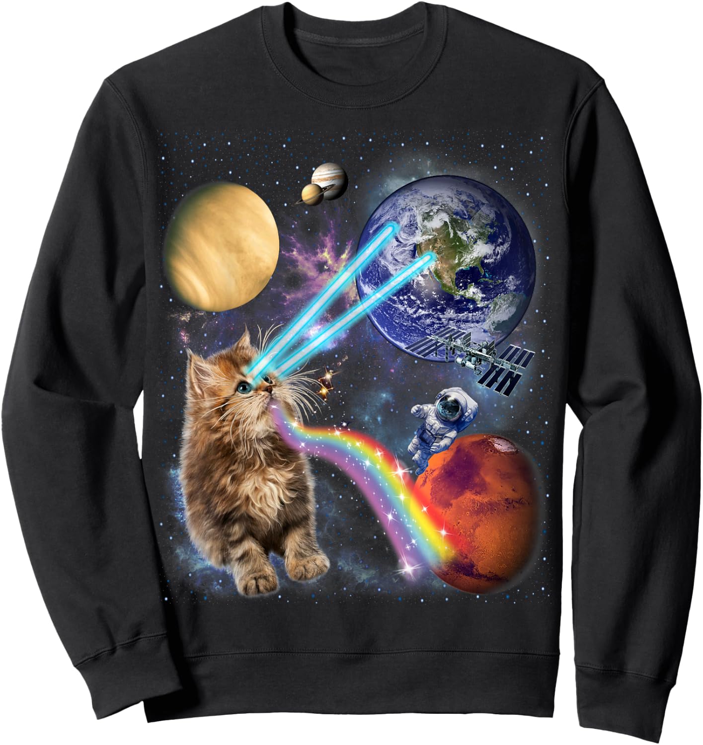 Fluffy Cat with Galactic Rainbow Beams Women Kids Sweatshirt - Sweatshirt | Black