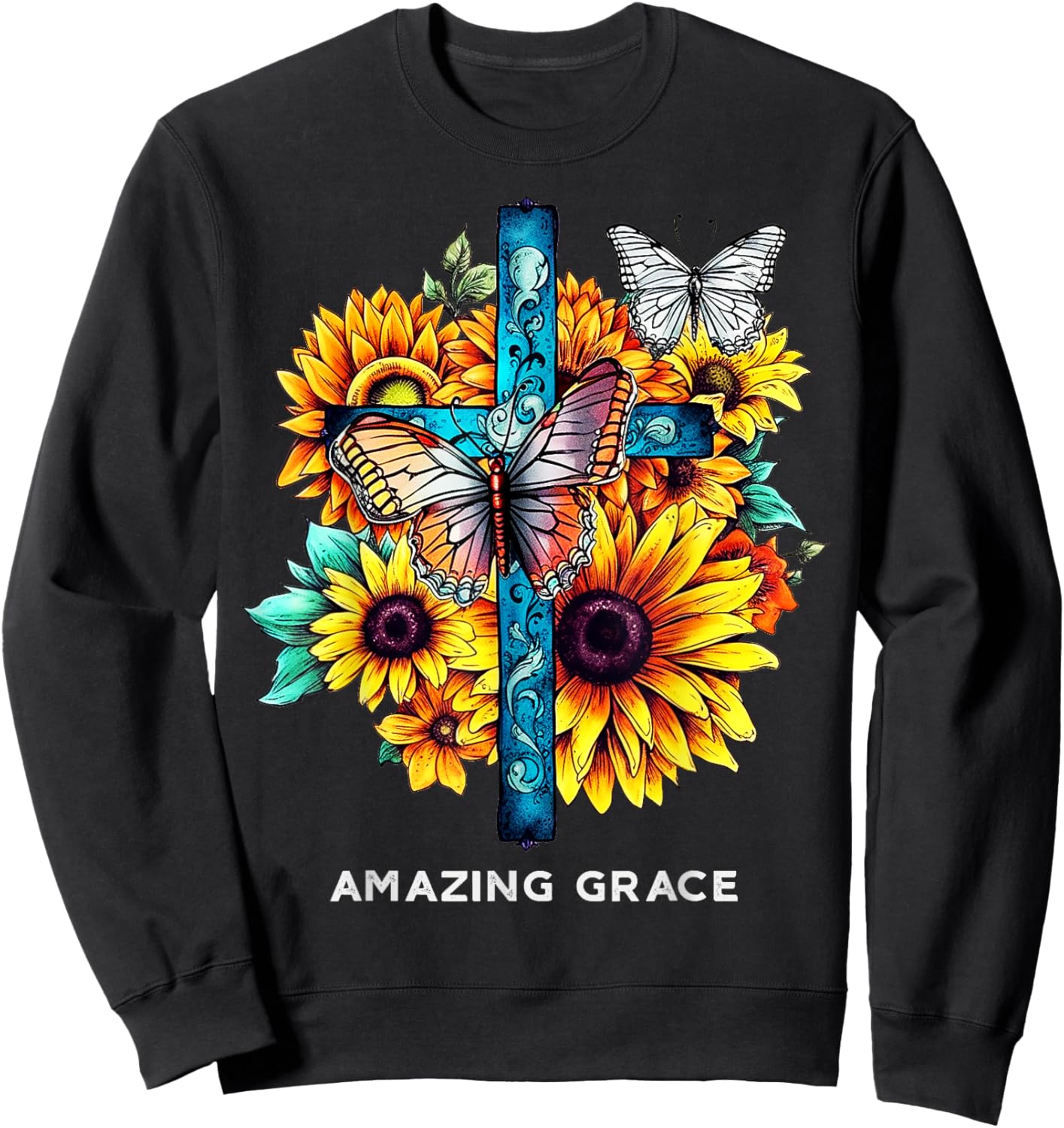 Amazing grace Cross Sunflowers Butterflies Christian Sweatshirt - Sweatshirt | Black