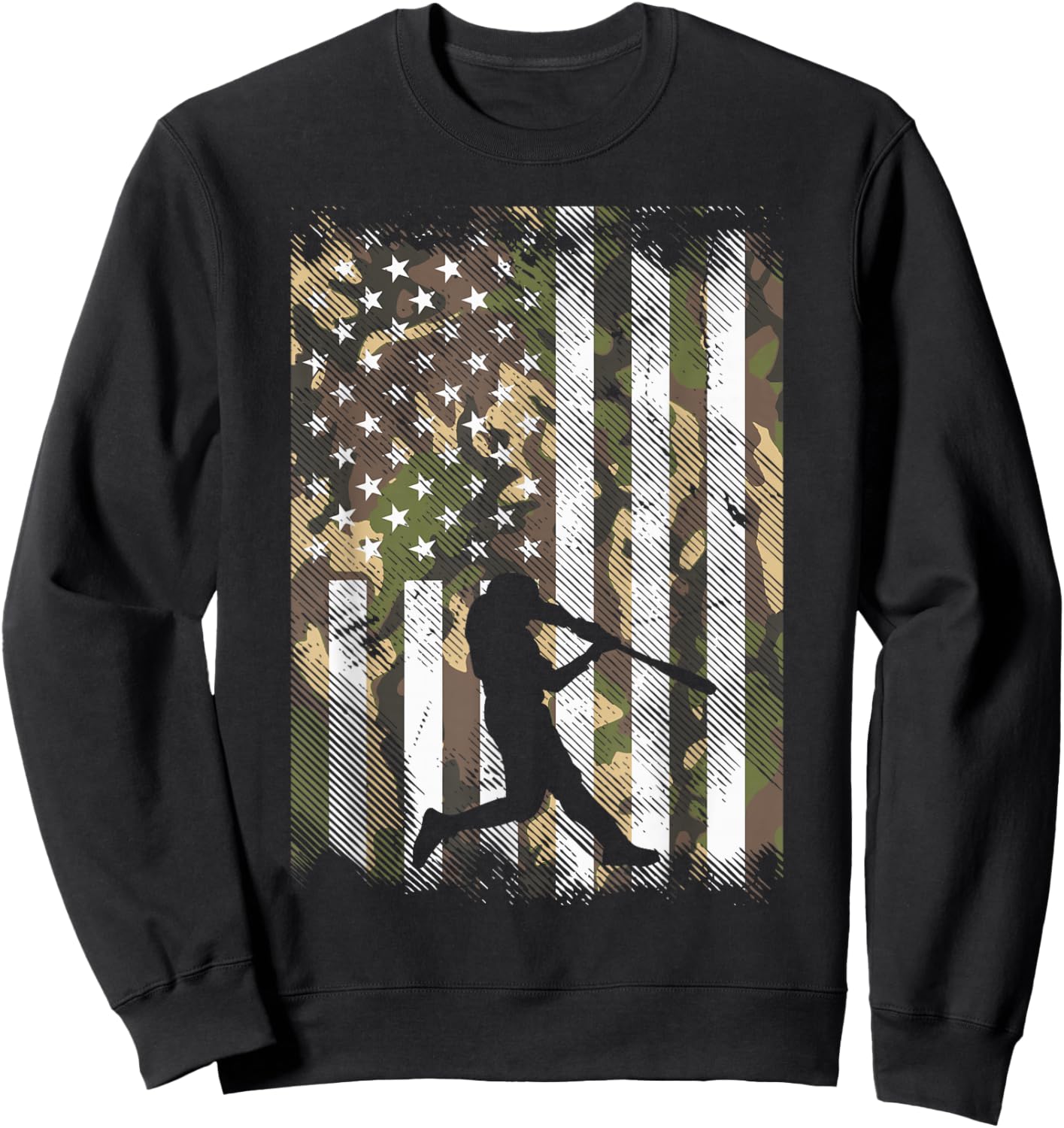 Camo Flag Baseball Player Vintage Patriotic Men Women Kids Sweatshirt - Sweatshirt | Black
