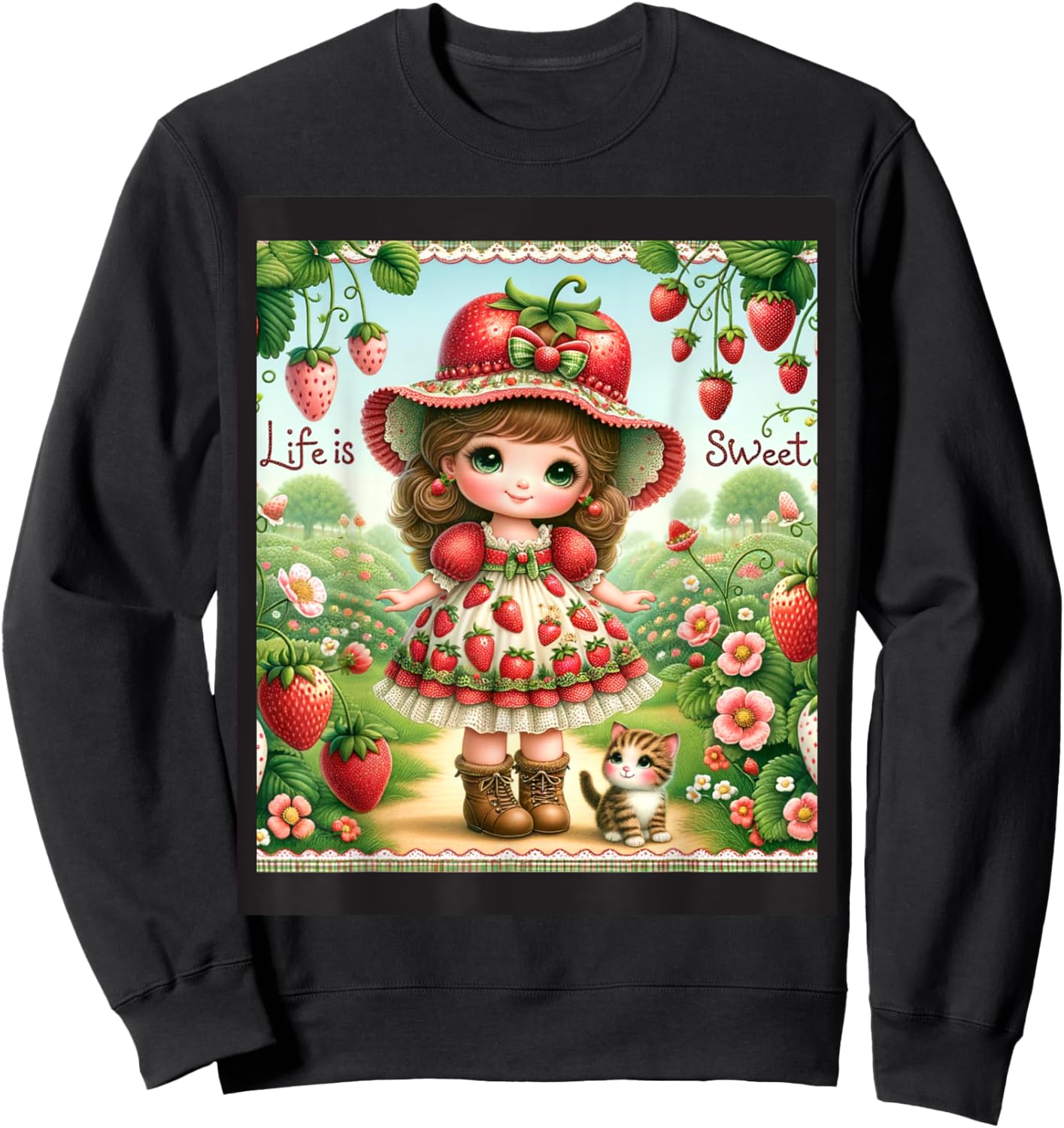 Cute Life Is Sweet Strawberry Cake Vintage Berry Garden Sweatshirt - Sweatshirt | Black