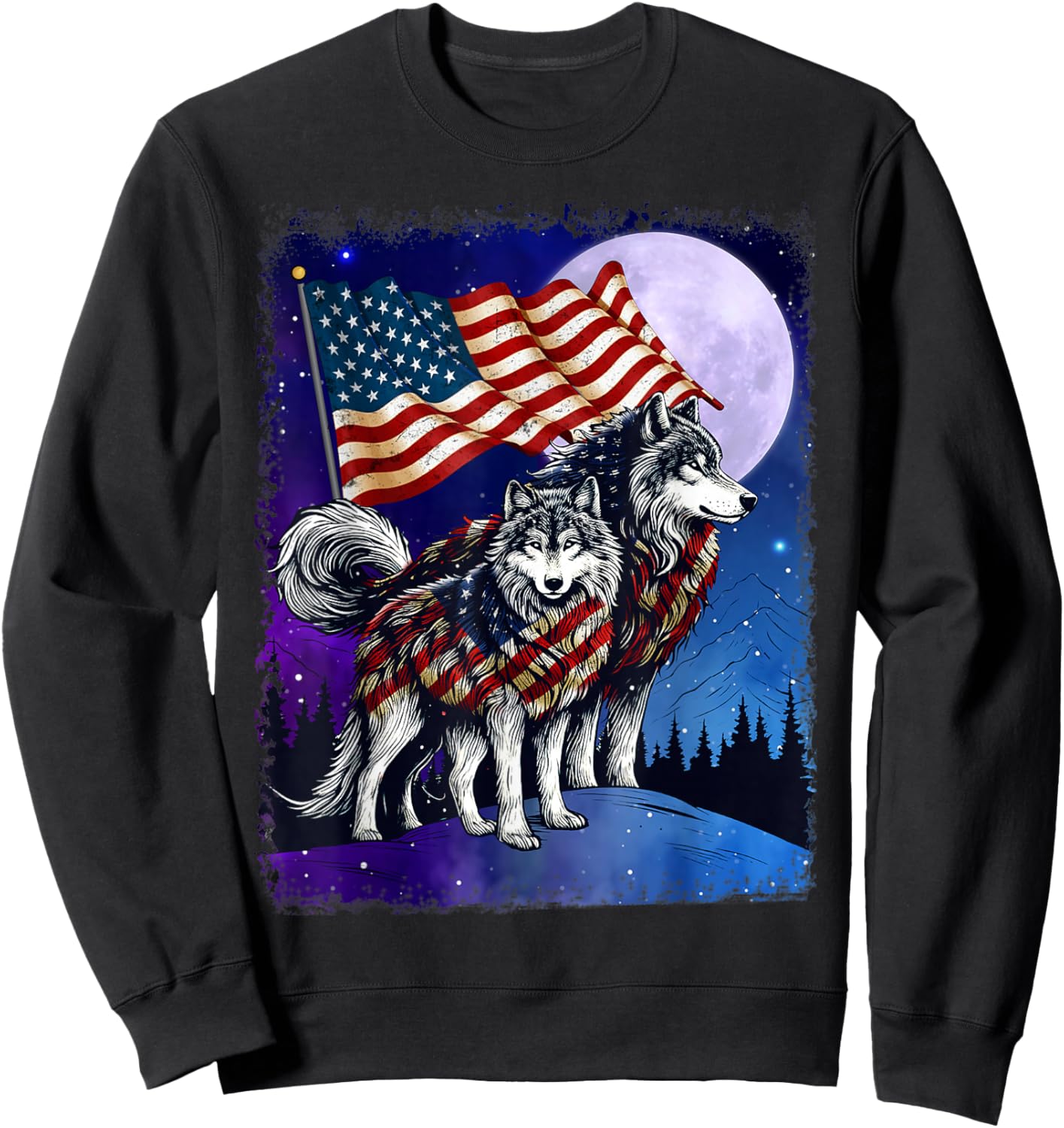 Wolf 4th of July American Flag Howling Wolves Under Moon Women Men Sweatshirt - Sweatshirt | Black