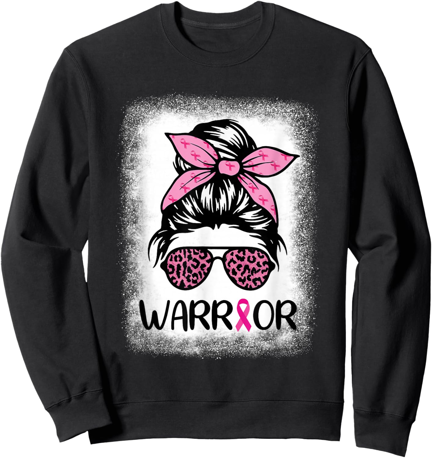 Warrior Breast Cancer Women Messy Bun Bleached Leopard Sweatshirt - Sweatshirt | Black