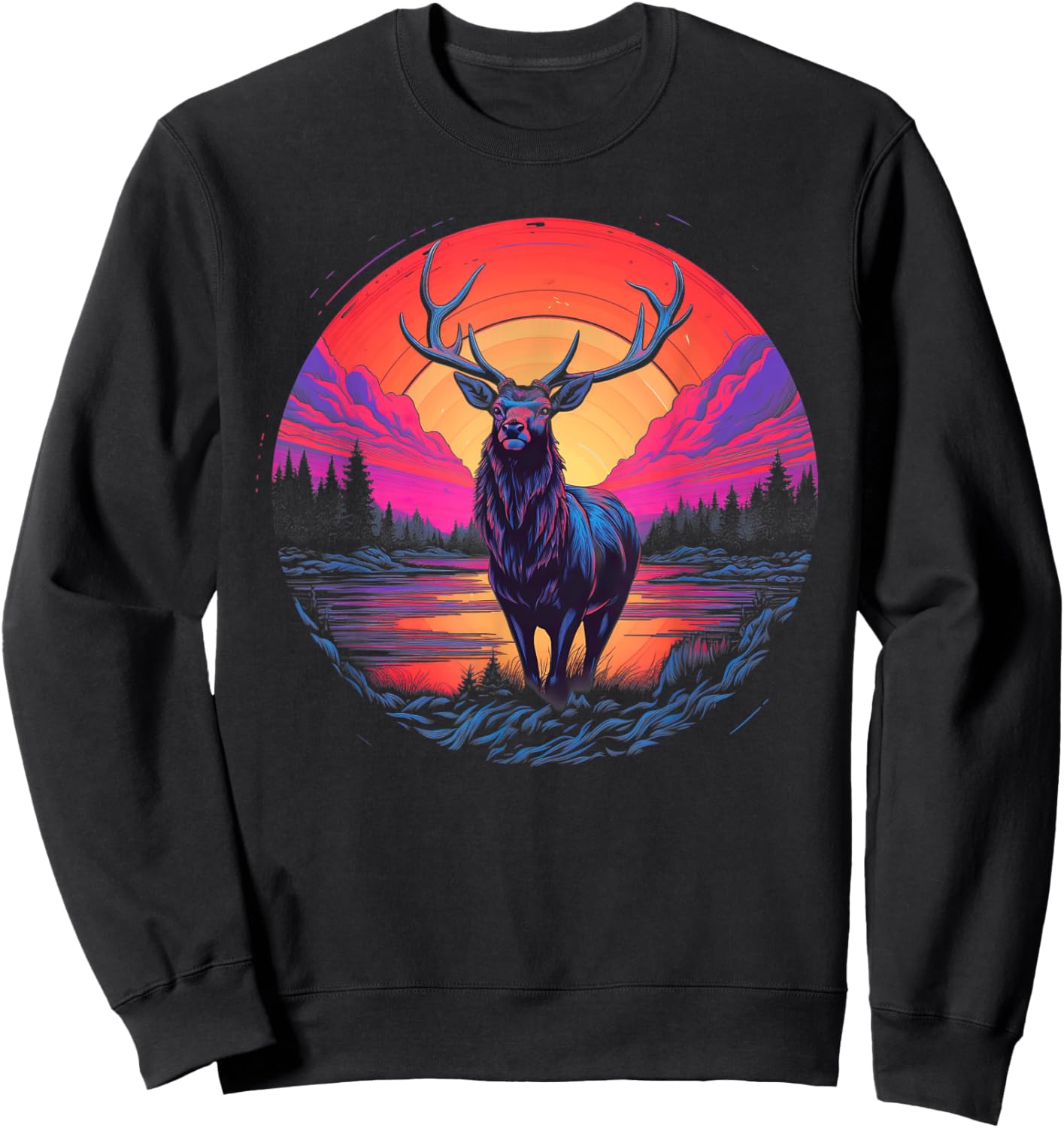 Retro Sunset Elk Sweatshirt - Sweatshirt | Black