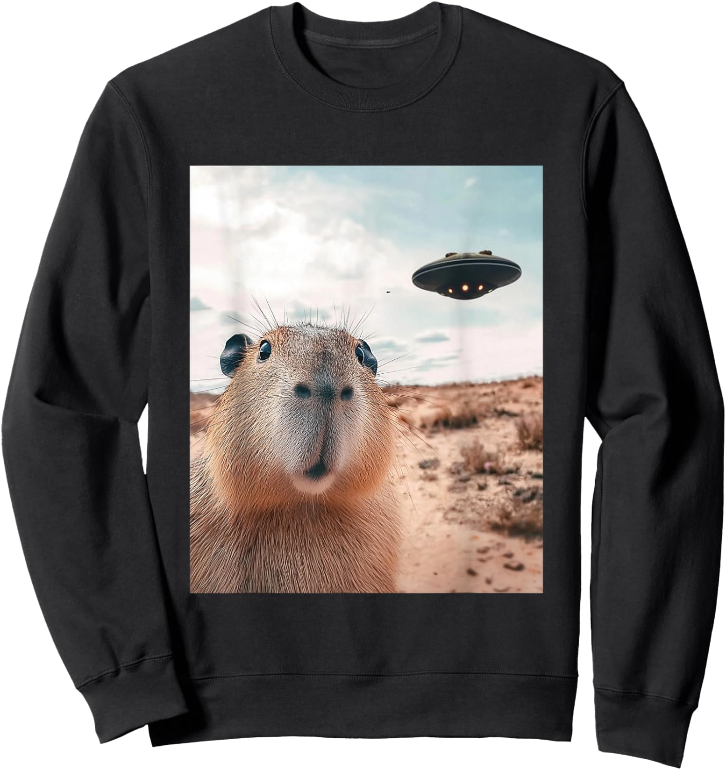 Capybara Selfie with UFOs Funny Graphic Sweatshirt - Sweatshirt | Black