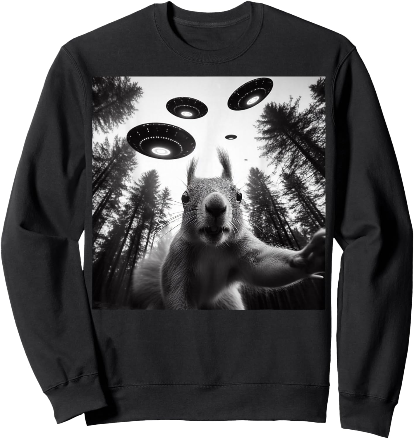 Squirrel Selfie With Alien UFO Funny Gifts Women Kid Sweatshirt - Sweatshirt | Black