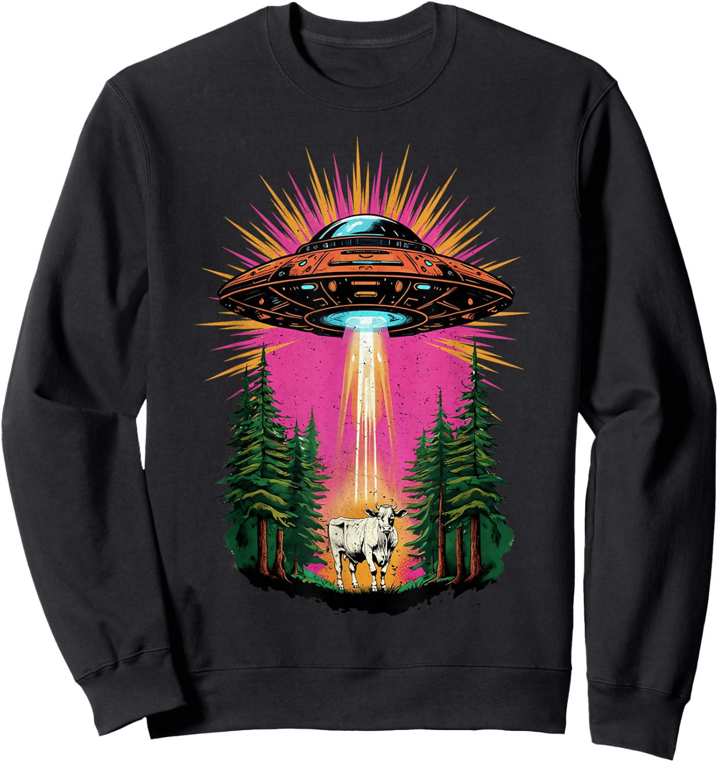 Vintage UFO Cow Abduction Alien Christmas Sci-fi Gift Funny Sweatshirt - Sweatshirt | Black