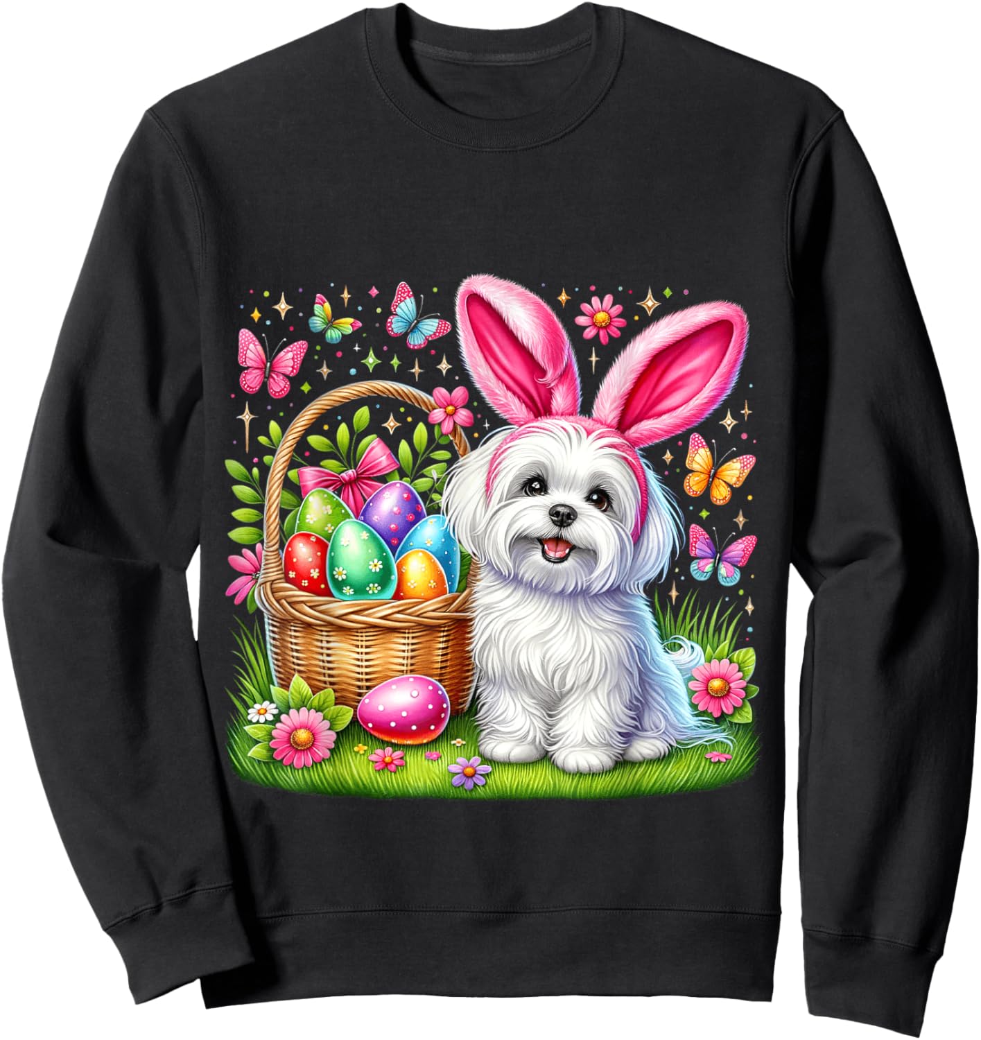 Cute Bunny Maltese Dog Easter Eggs Basket Easter Day Party Sweatshirt - Sweatshirt | Black