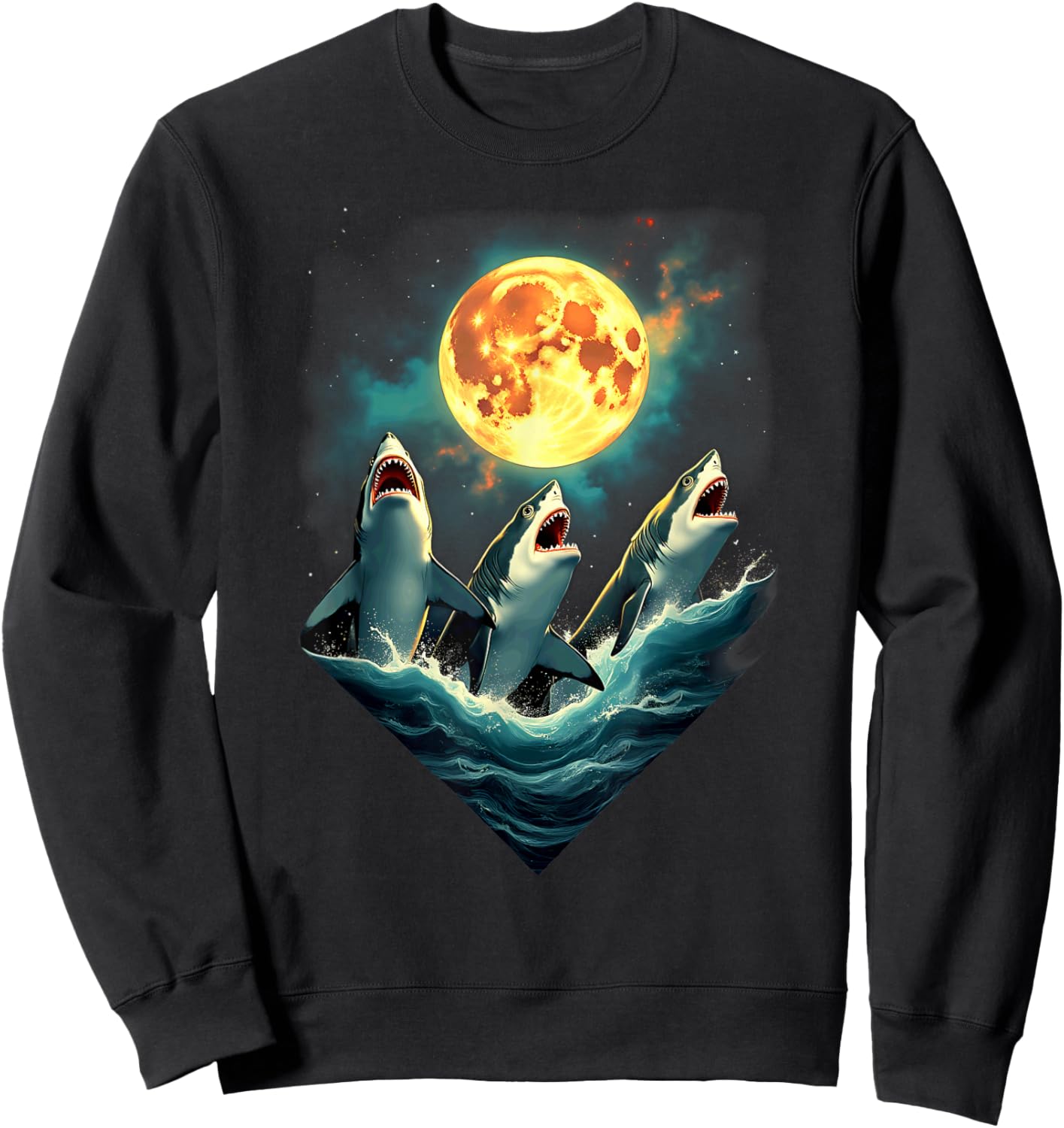 Aesthetic 3 Sharks Howling At The Moon Sweatshirt - Sweatshirt | Black