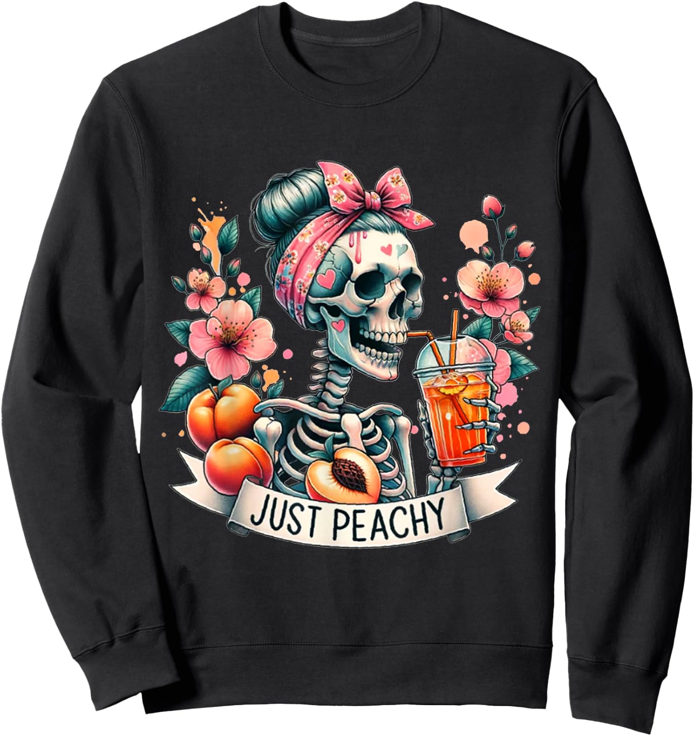 Just Peachy Skeleton Retro 70s Hippie Summer Vibes Sweatshirt - Sweatshirt | Black