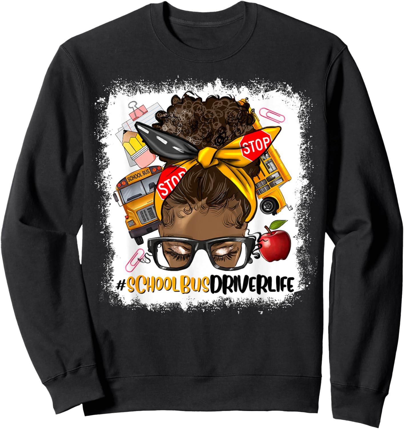 Afro Messy Bun School Bus Driver Black Woman Sweatshirt - Sweatshirt | Black