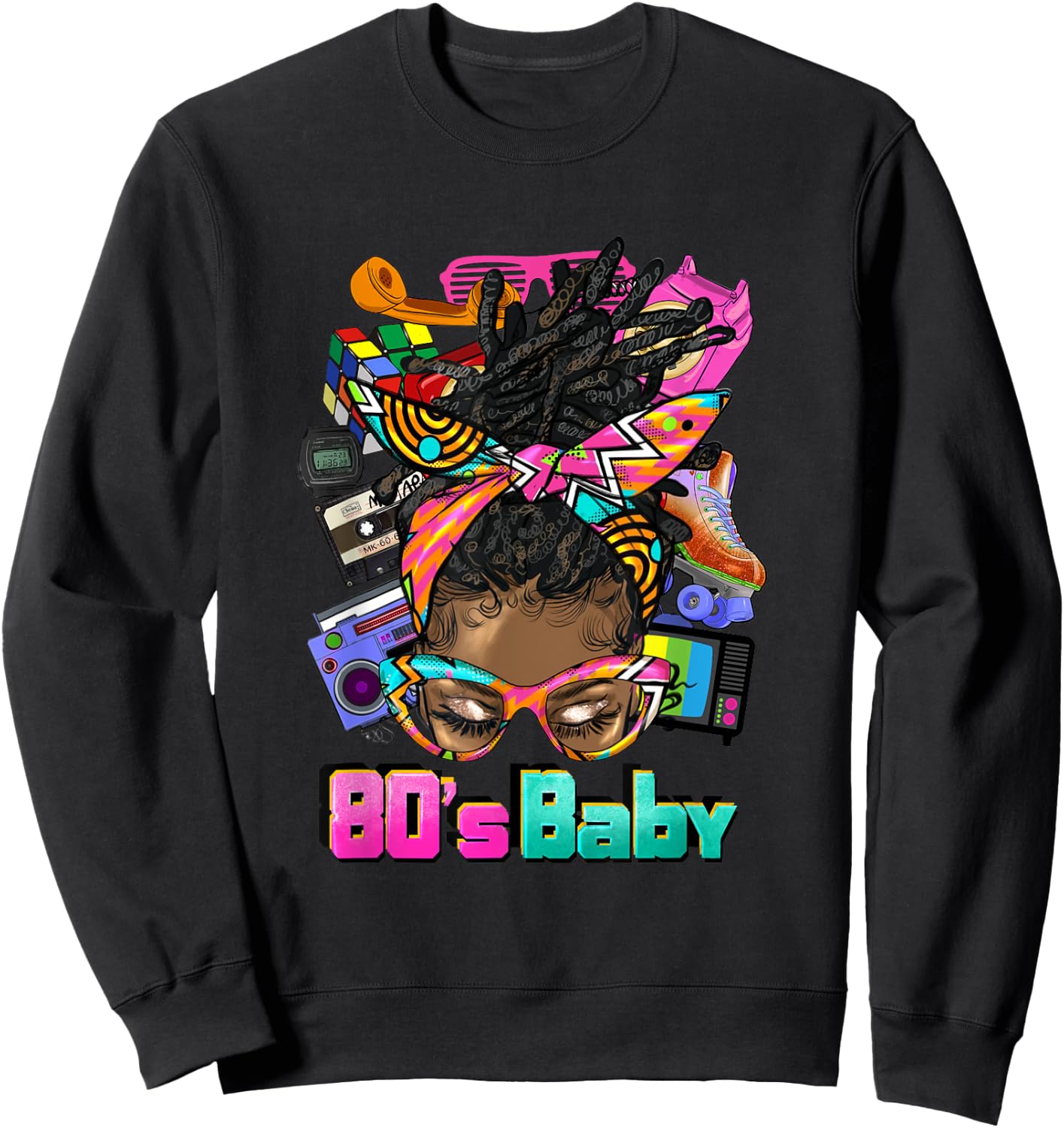 80's Baby Afro Messy Bun African American 1980's Retro Sweatshirt - Sweatshirt | Black