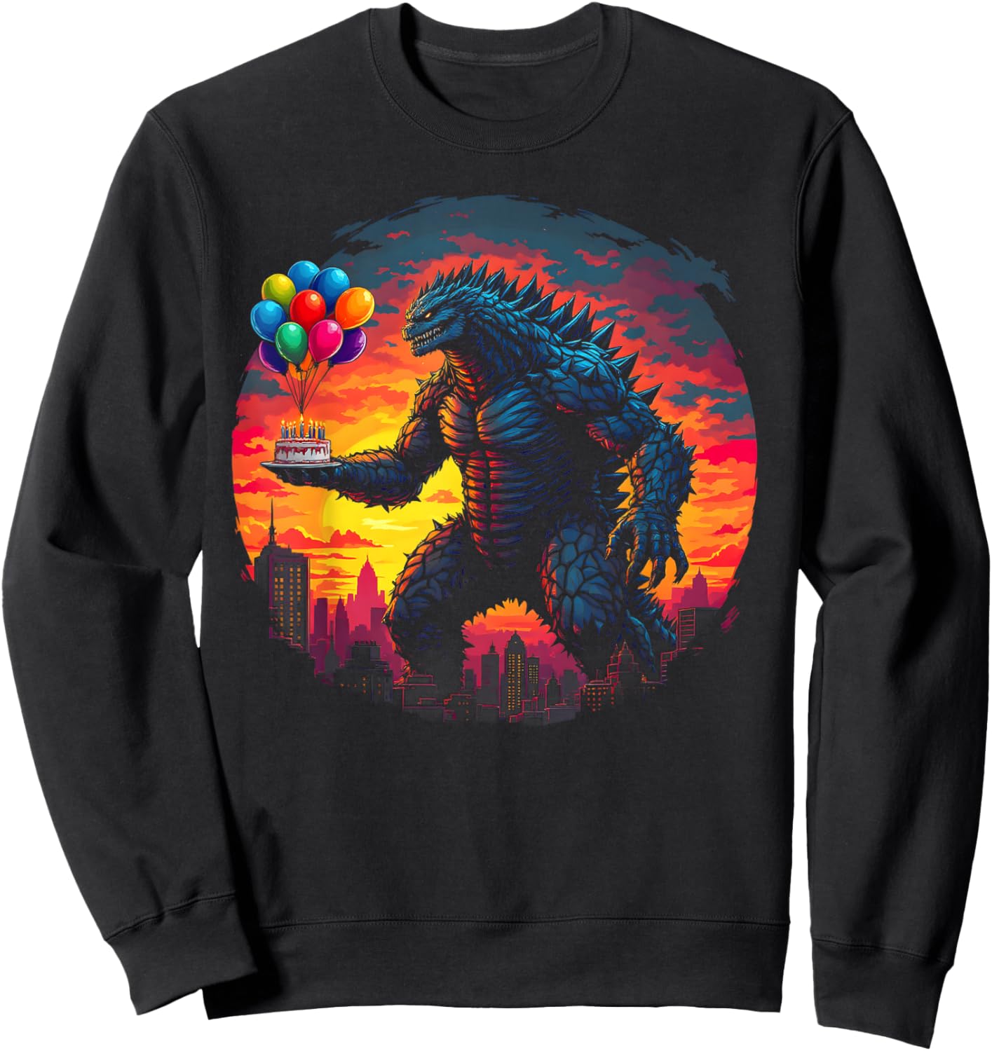 Kaiju Balloon And Cake Funny Japanese Monster Lover Birthday Sweatshirt - Sweatshirt | Black