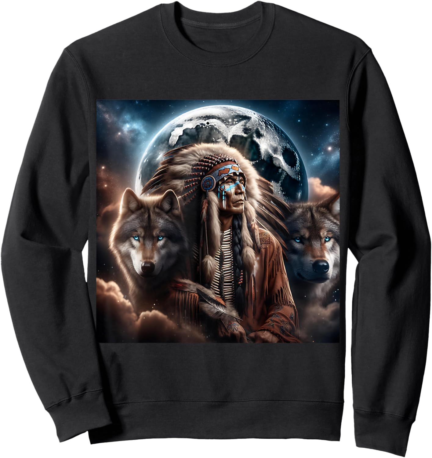 Indianer Tiere Mond Indianer mit Wolf Damen Schwarz S EU 38/40 Sweatshirt - Sweatshirt | Black