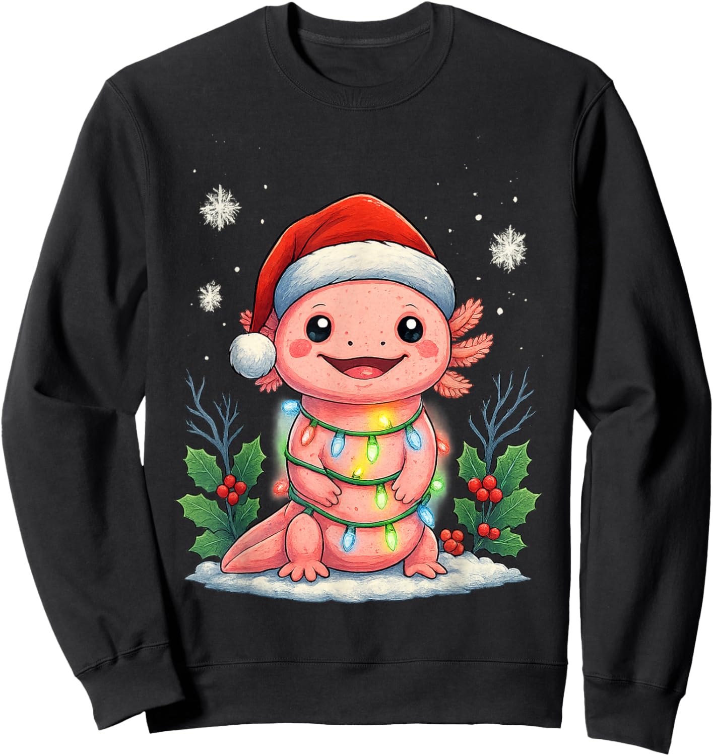 Girls Axolotl Christmas Santa Hat Funny Xmas Pajamas Kids Sweatshirt - Sweatshirt | Black