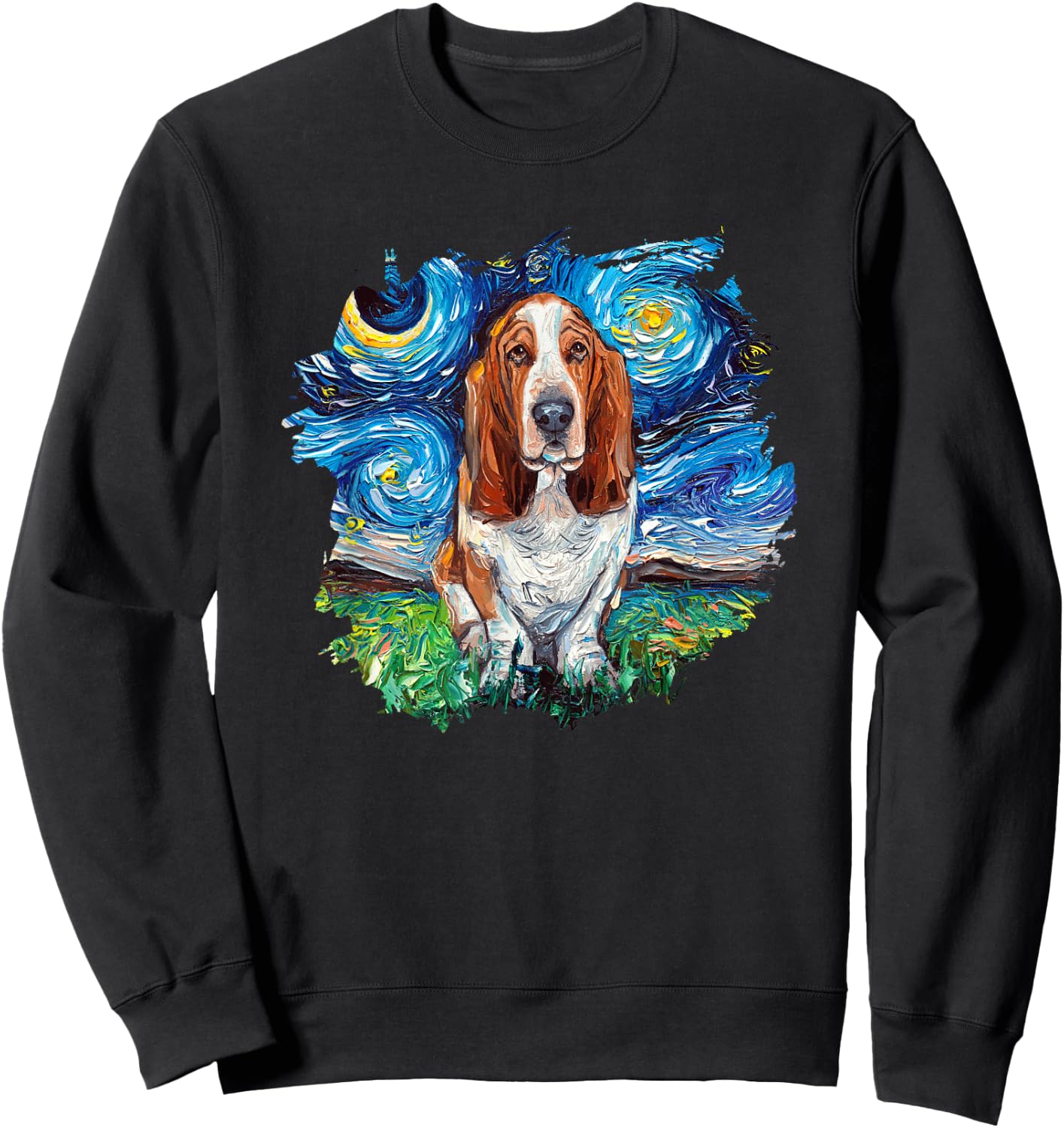 Basset Hound Starry Night Impressionist Dog Art by Aja Sweatshirt - Sweatshirt | Black