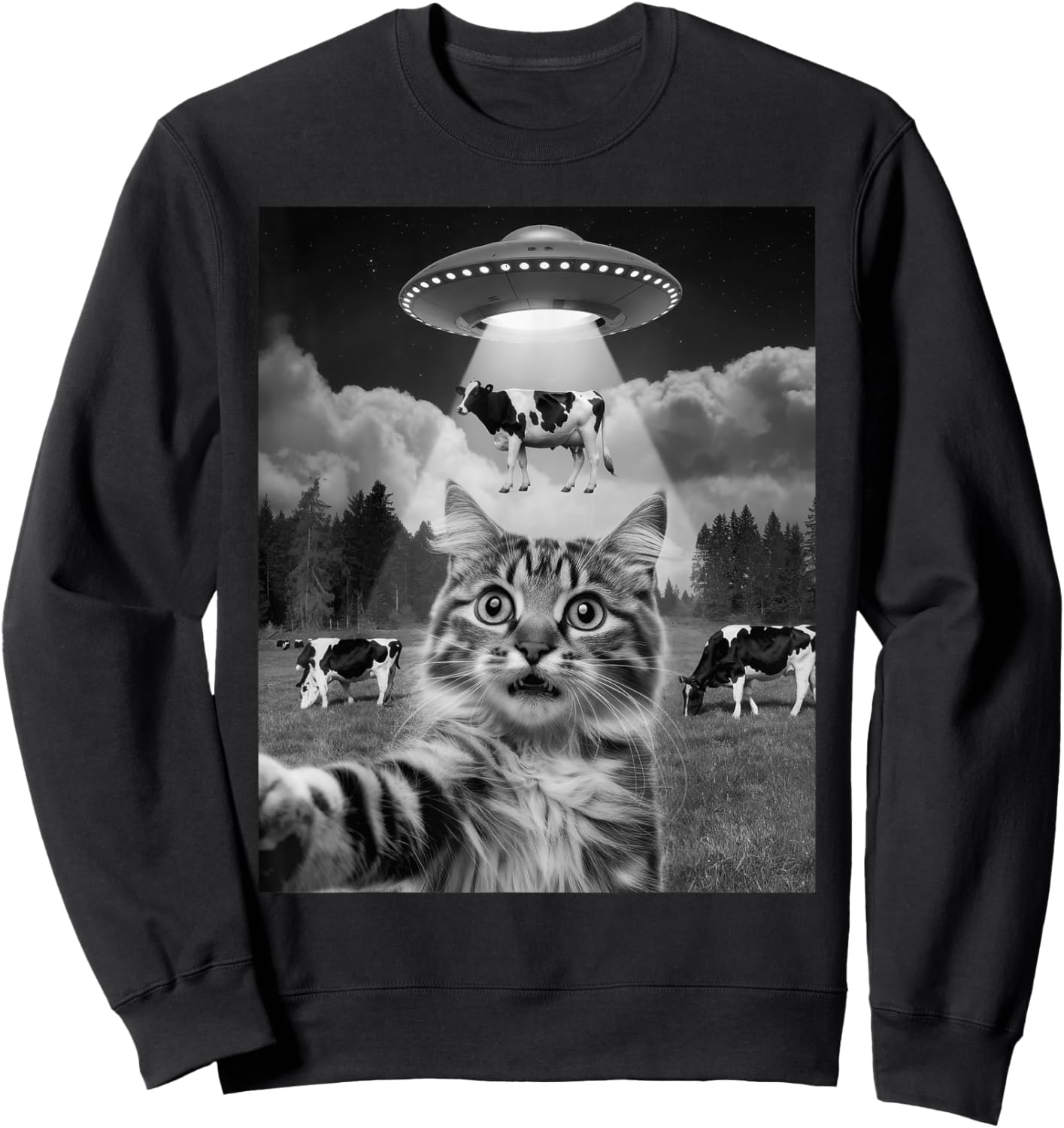 Cat Selfie Flying Alien UFO Cow Lover Men Women Kids Sweatshirt - Sweatshirt | Black