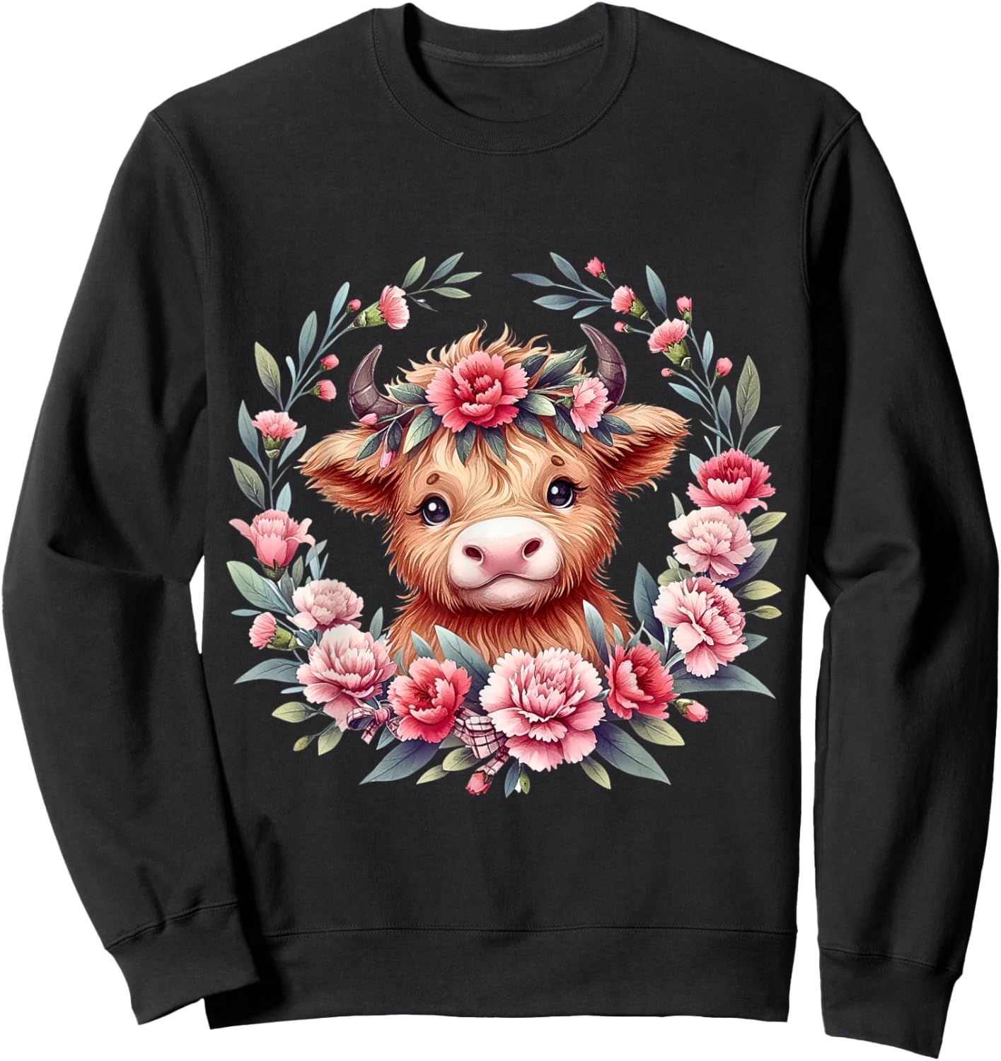 Cute Baby Highland Cow With Carnation Flower Scottish Farm Sweatshirt - Sweatshirt | Black
