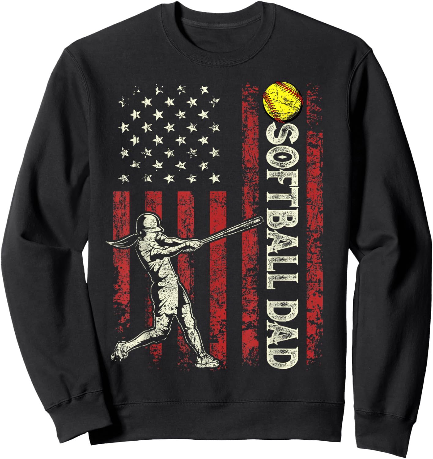 Softball Dad US Flag Gifts for Dad Men Patriotic Fathers Day Sweatshirt - Sweatshirt | Black
