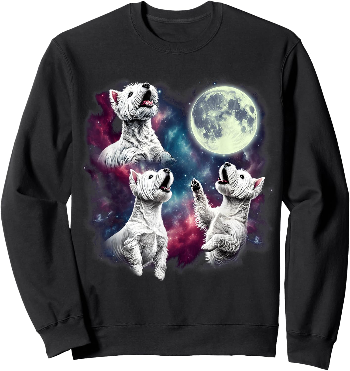 Three West Highland White Terriers Howling at Moon Funny Sweatshirt - Sweatshirt | Black