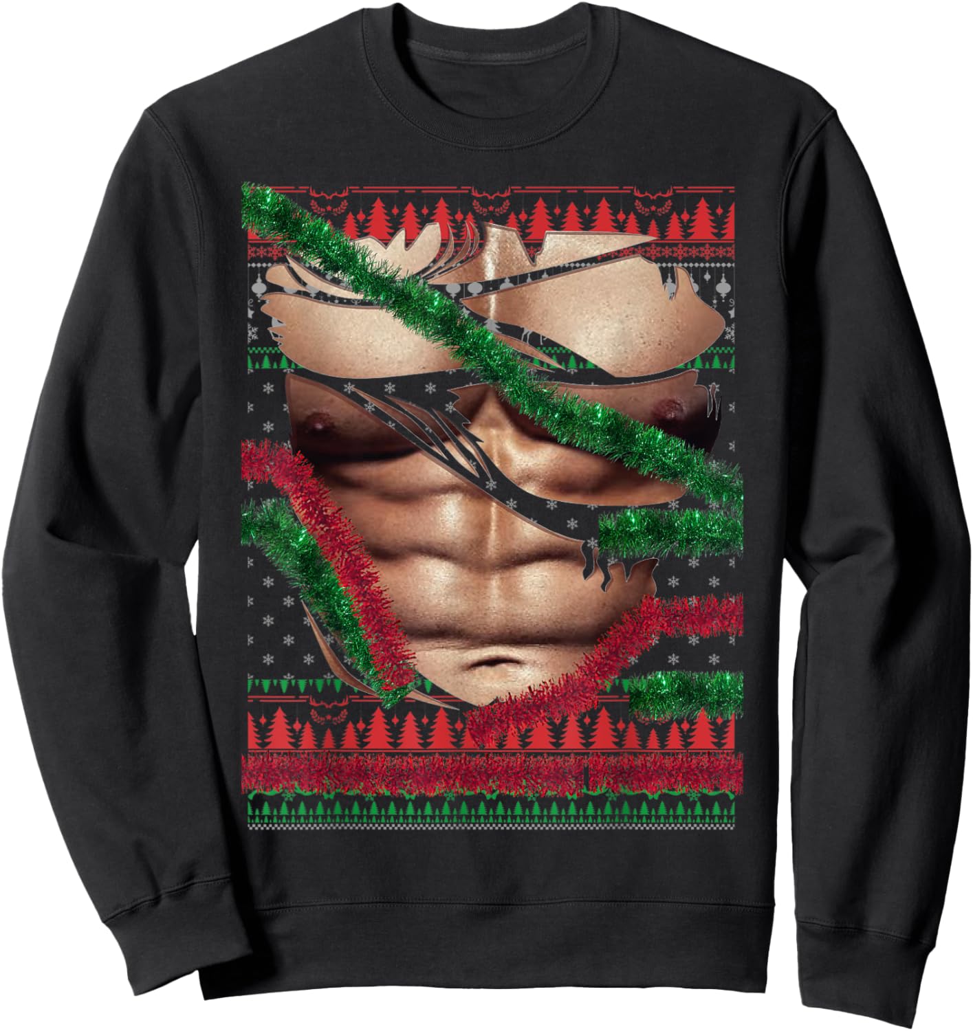 Christmas Fake Muscles Ripped Torn Chest Six Pack Abs Ugly Sweatshirt - Sweatshirt | Black