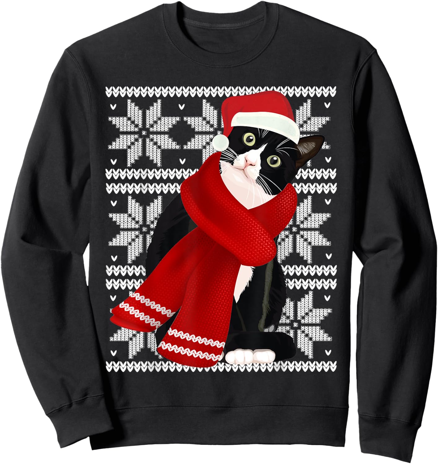 Ugly Christmas Black Cat Santa Hat Scarf Holiday Cute Men Women Kids Sweatshirt - Sweatshirt | Black