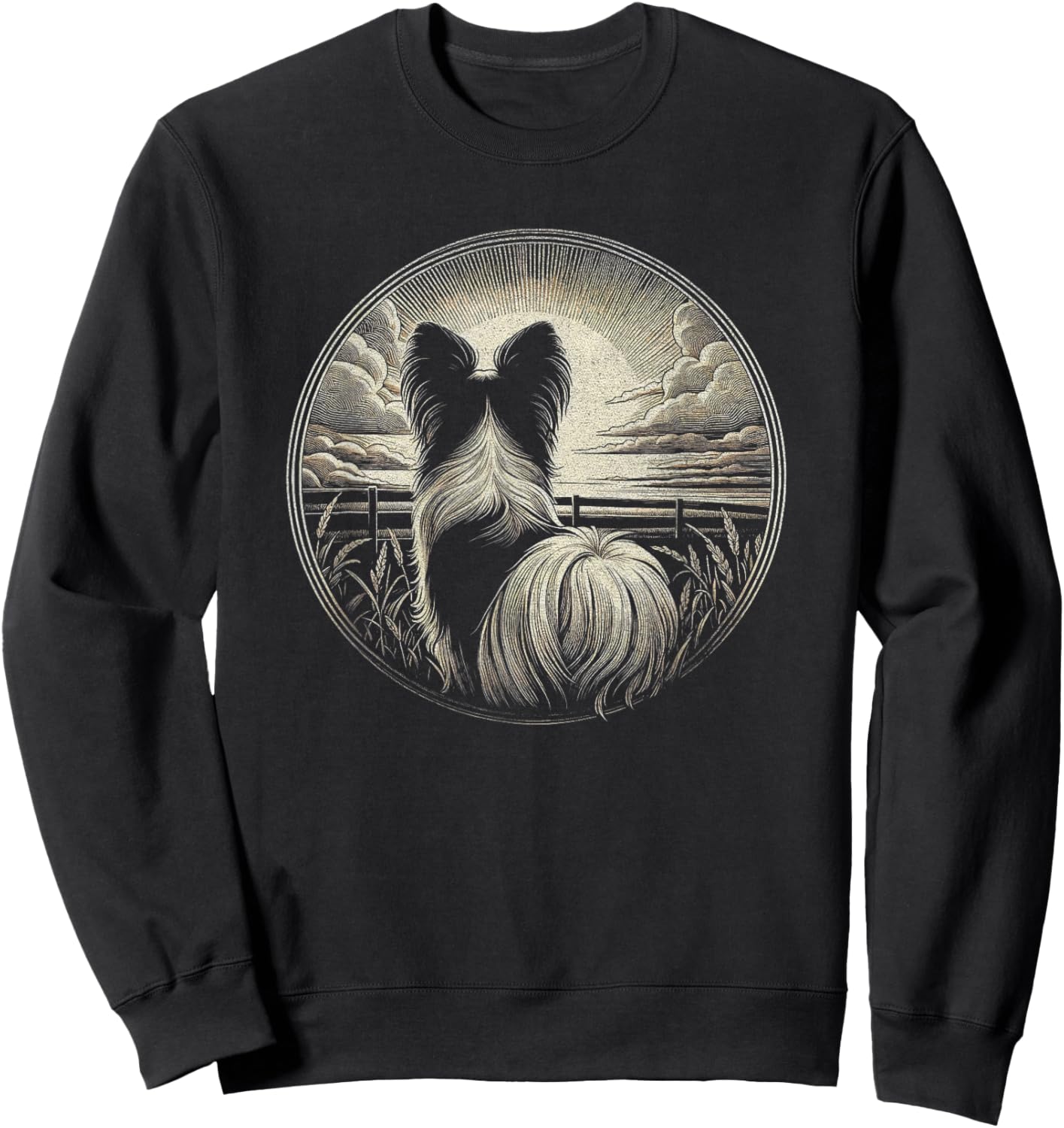 Vintage Papillon Dog Nature Scene Graphic Art Design Sweatshirt - Sweatshirt | Black