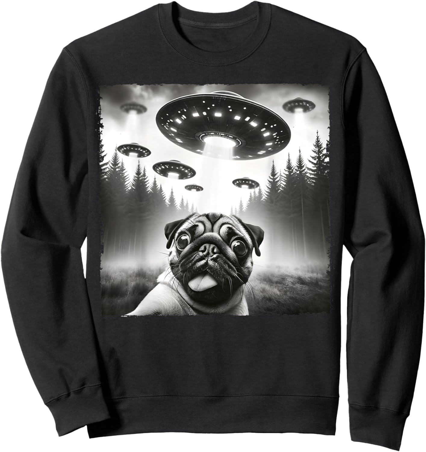 Funny Meme Pug UFO Retro Alien Pug Dog UFO Selfie Invasion Sweatshirt - Sweatshirt | Black