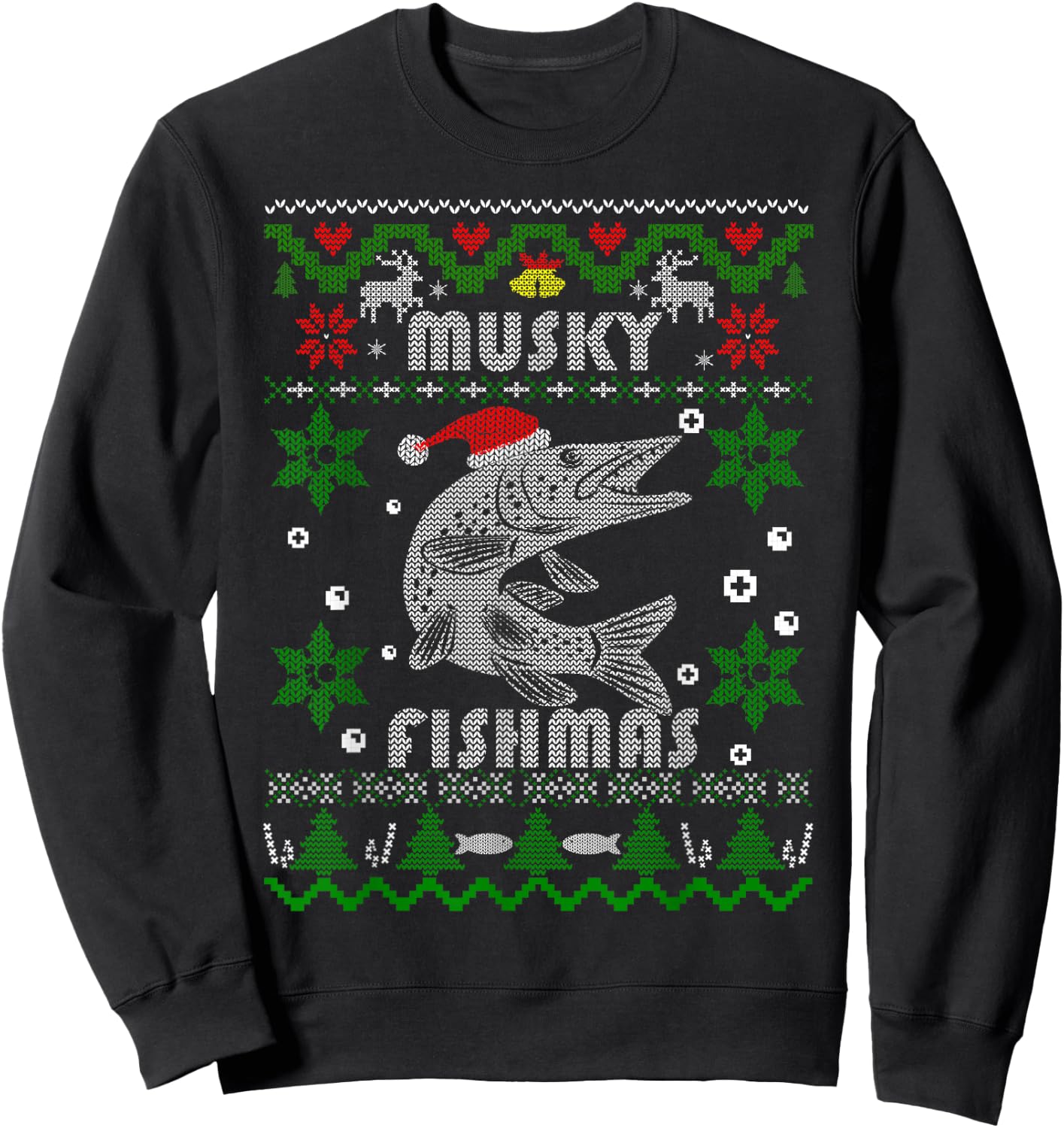 Muskie Angler Fishmas Musky Fishing Gifts Ugly Christmas Sweatshirt - Sweatshirt | Black