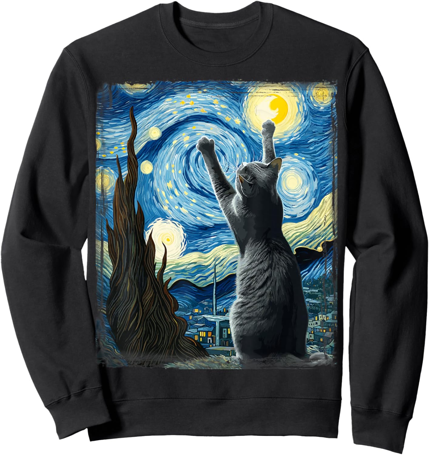 Van Gogh Starry Night Style Artistic Russian Blue Cat Sweatshirt - Sweatshirt | Black