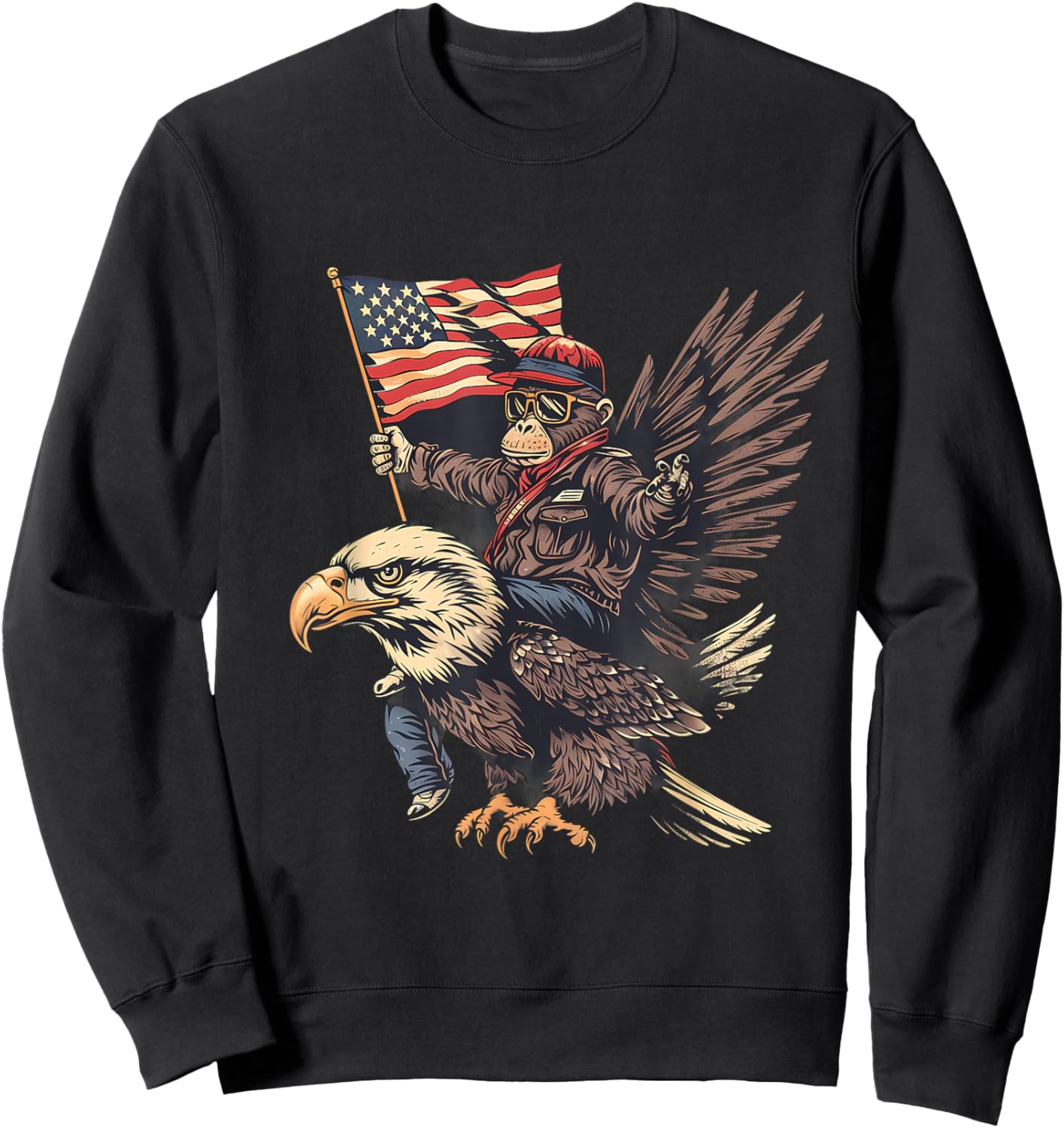 Funny Monkey Bald Eagle USA American Flag Fourth Of July Kids Men Sweatshirt - Sweatshirt | Black