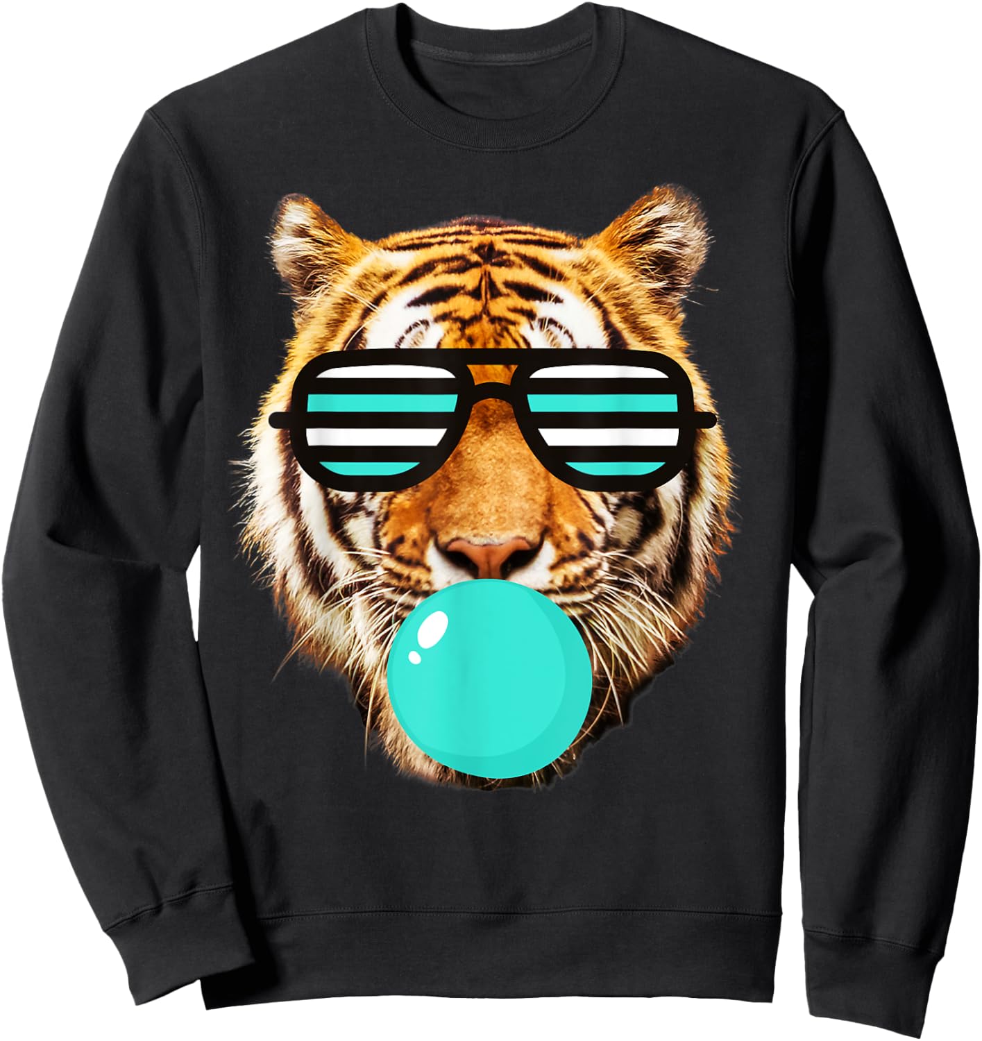 Turquoise bubble Gum tiger Stripe Cute Tiger with Sunglasses Sweatshirt - Sweatshirt | Black