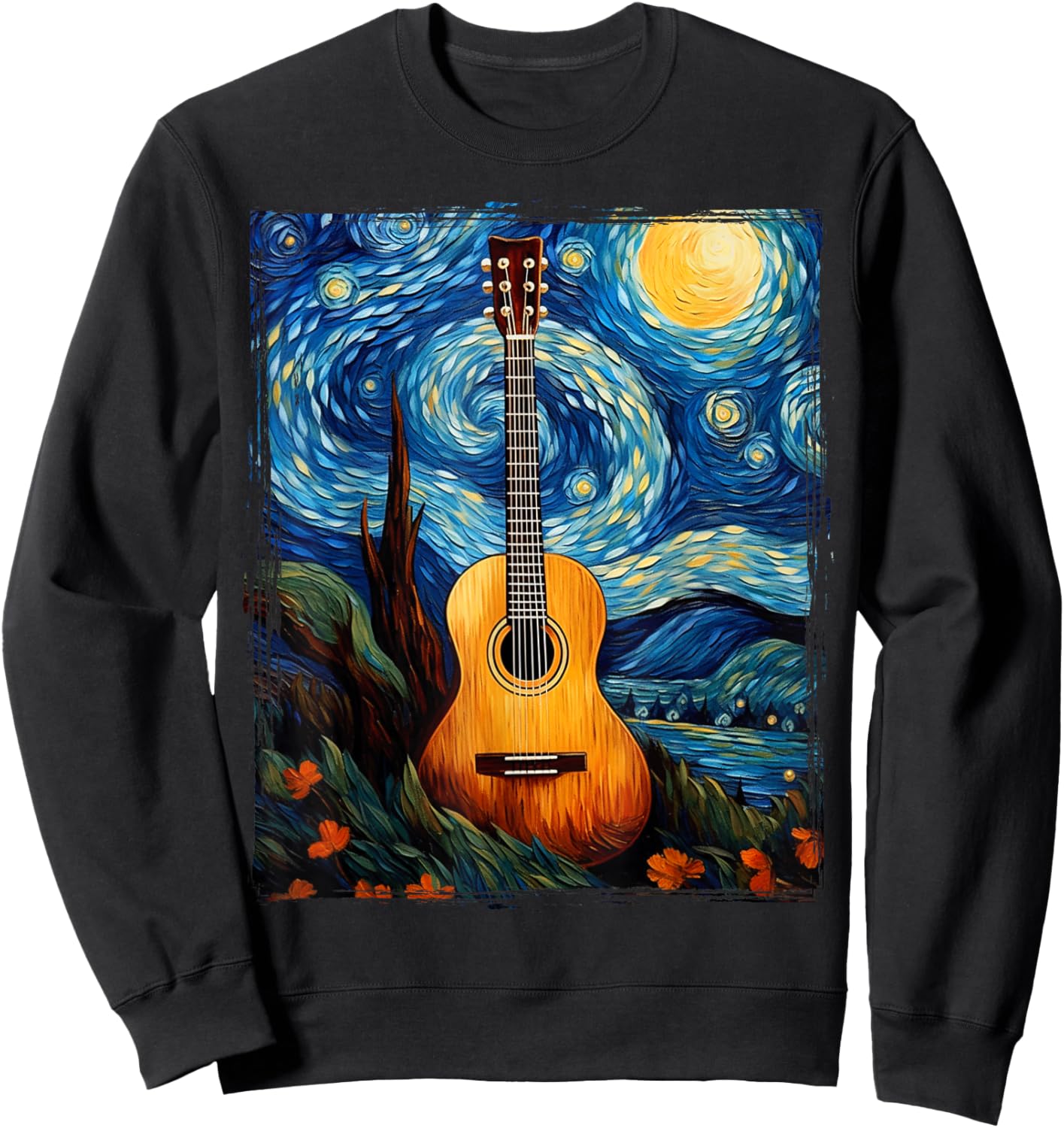 Acoustic Guitar Funny Art Van Gogh music instrument Sweatshirt - Sweatshirt | Black